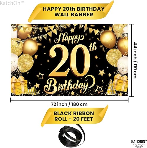 Miniatura 4 de KatchOn, Cartel de feliz cumpleaños número 20 negro y dorado, extra grande, 72 x 44 pulgadas, telón de fondo de feliz cumpleaños 20  Decoraciones de