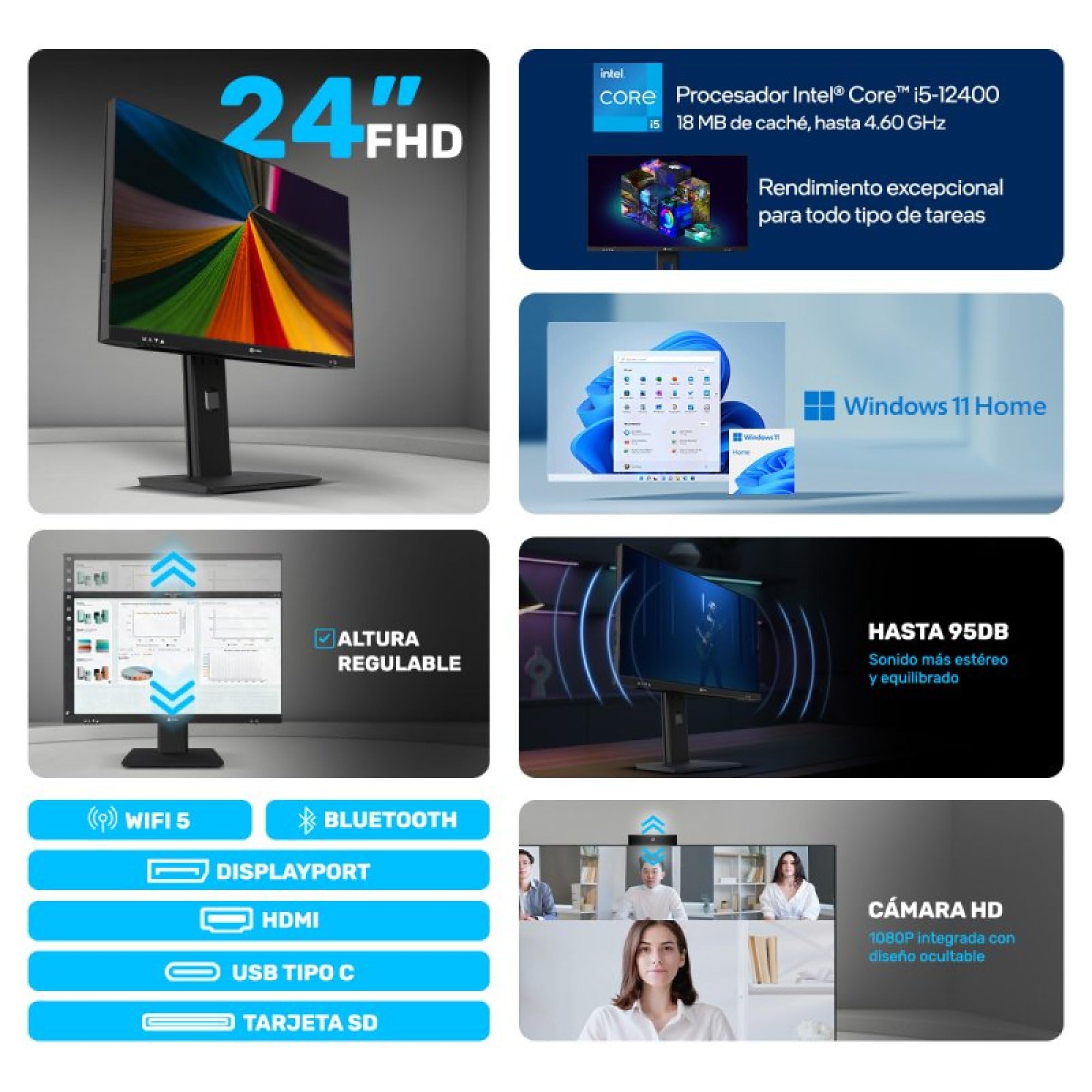 Alurin Flow PC All in One, Intel Core i5-12400, 16GB RAM DDR4, 1TB SSD, 24” Full HD IPS 75Hz, Windows 11 Home, Altura Regulable, USB-C, HDMI, Diseño Todo en uno para Trabajo y Ocio