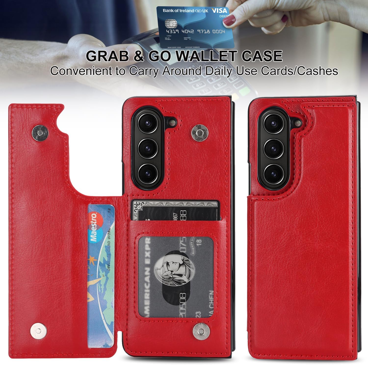 for Samsung Galaxy Z Fold 5 Wallet Case with Credit Card Holder, Fold Premium Leather Magnetic Clasp Kickstand Heavy Duty Protective Cover.(Red)