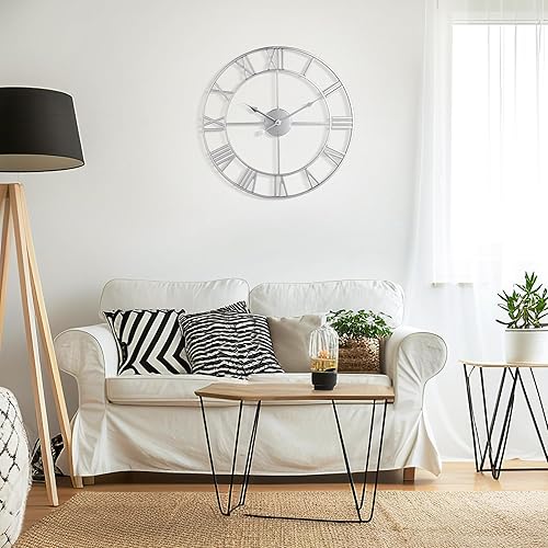 Miniatura 3 de Reloj de pared grande  16 pulgadas reloj de pared de metal silencioso sin tictac, plata moderna vintage, funciona con pilas, ideal para sala de