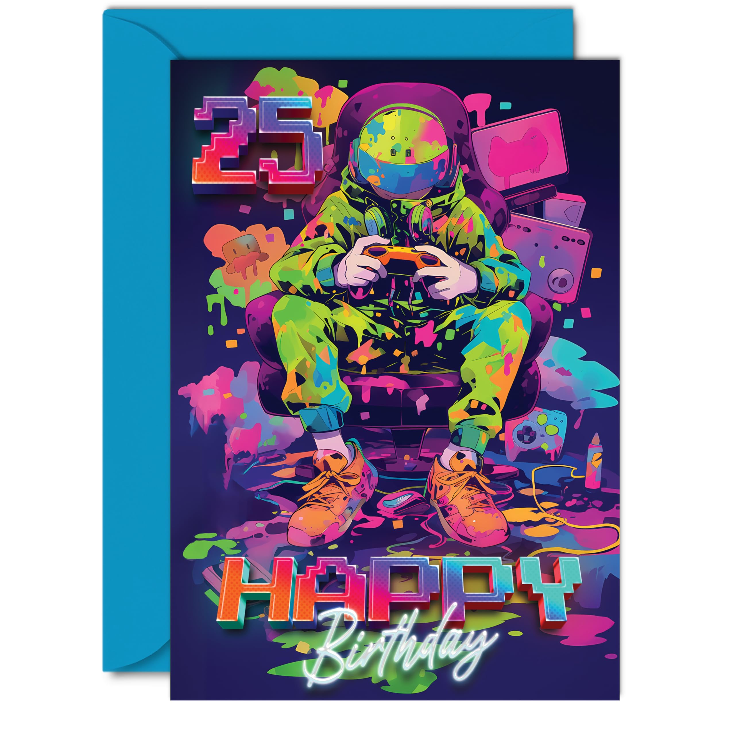 25th Birthday Cards for Women Men - Video Gamer Game - Happy 25 Birthday Card for Son Daughter Brother Sister Friend, A5 Twenty-Five Twenty-Fifth Bday Greeting Cards