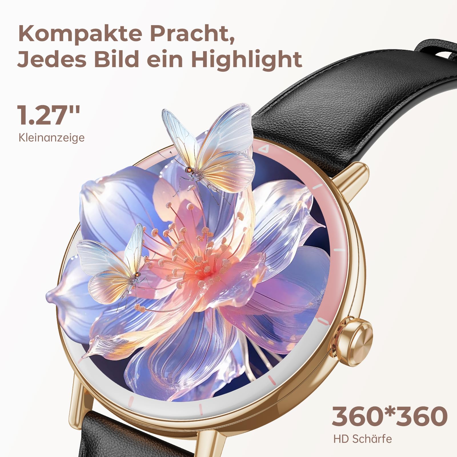 Smartwatch Damen, 1,27 HD Screen Rund Klein Armbanduhr mit Telefonfunktion/Menstruationszyklus/SpO2/Pulsuhr/Schlafmonitor/Schrittzähler/IP68/100+ Sport Fitnessuhr für Android iOS, Gold Schwarz