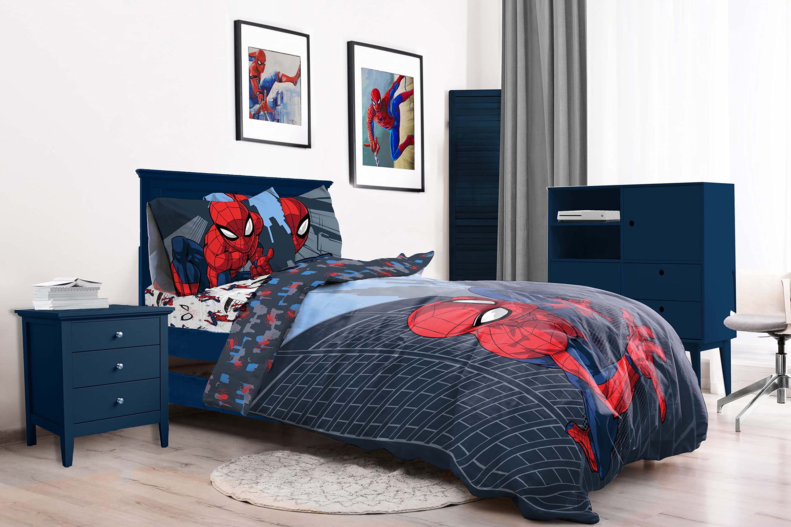 Jay Franco Marvel Spiderman City Streets 100% bawełna, 3-częściowy zestaw pościeli 135 x 200 cm, rozmiar łóżka pojedynczego – poszwa na kołdrę + prześcieradło z gumką 90 x 200 cm + poszewka na poduszkę 50 x 70 cm