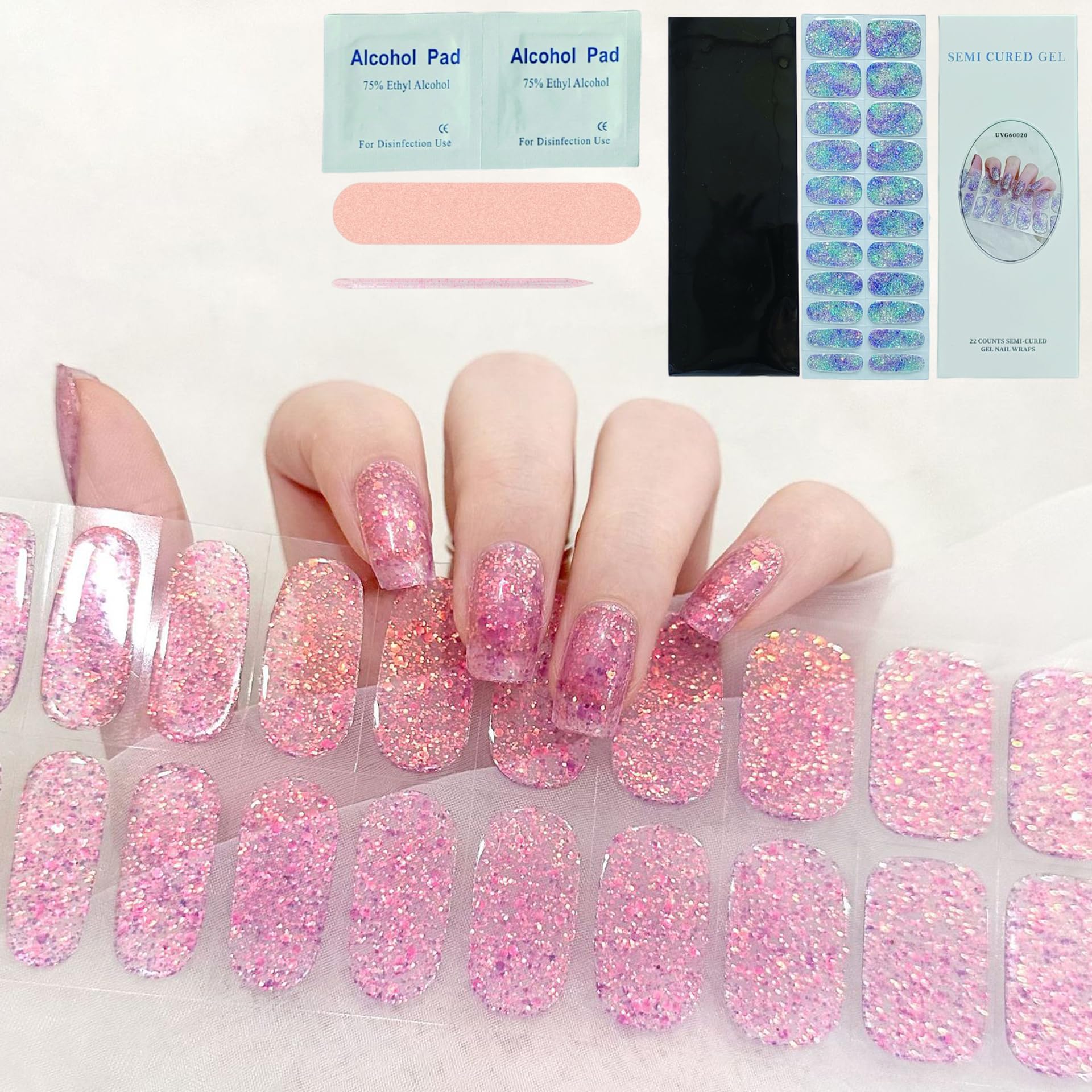 UVG60071 Semi Cured Gel Nail Strips - 22PCS Starter Kit, Easy to Apply & Remove, Long Lasting Full Nail Wraps