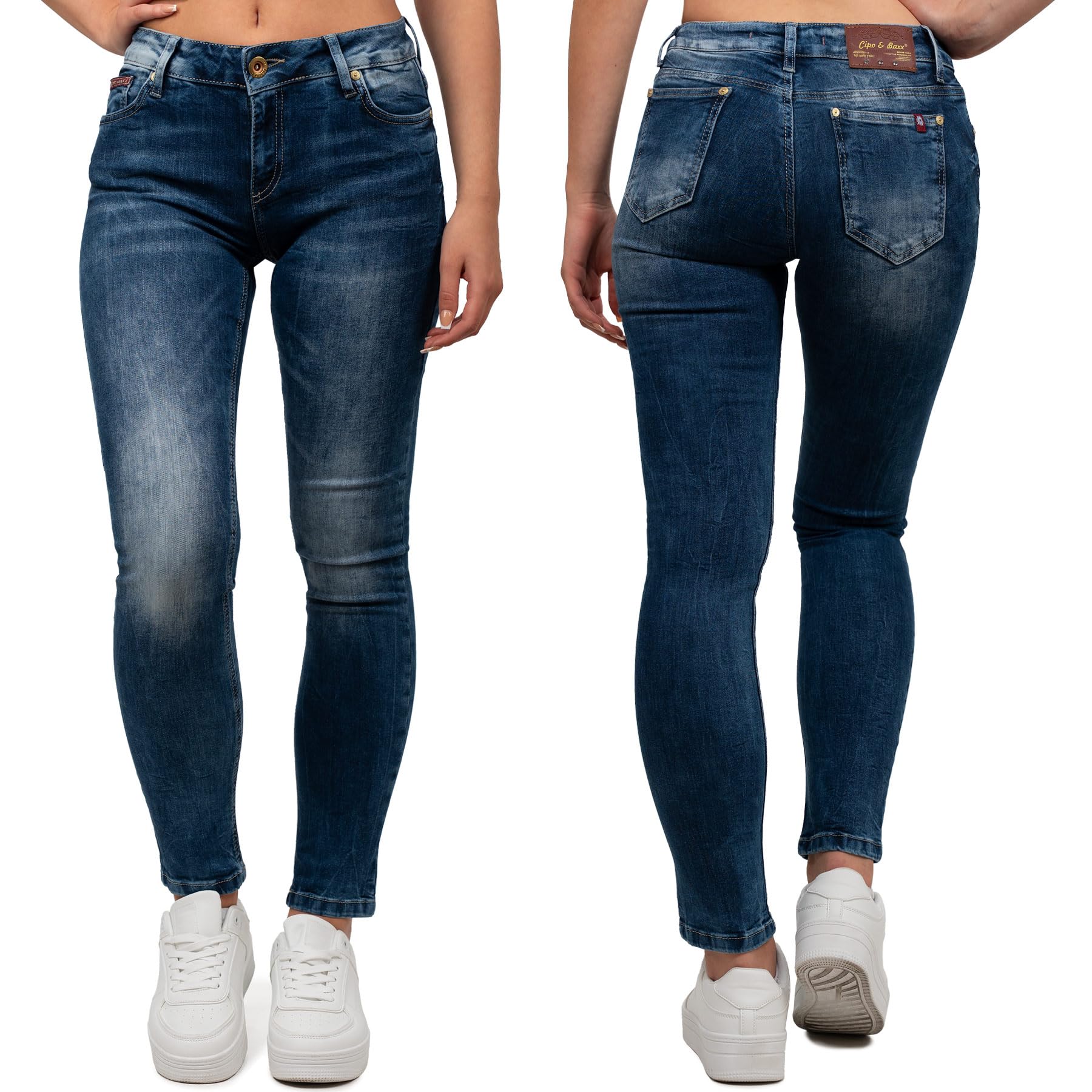 Cipo & Baxx Vaqueros Mujer Slim Fit Elásticos Desgastados Azul Negro | Costuras en contraste, múltiples bolsillos, tejido denim flexible, cierre con botón, estilo urbano, paseo, ocio y día a día