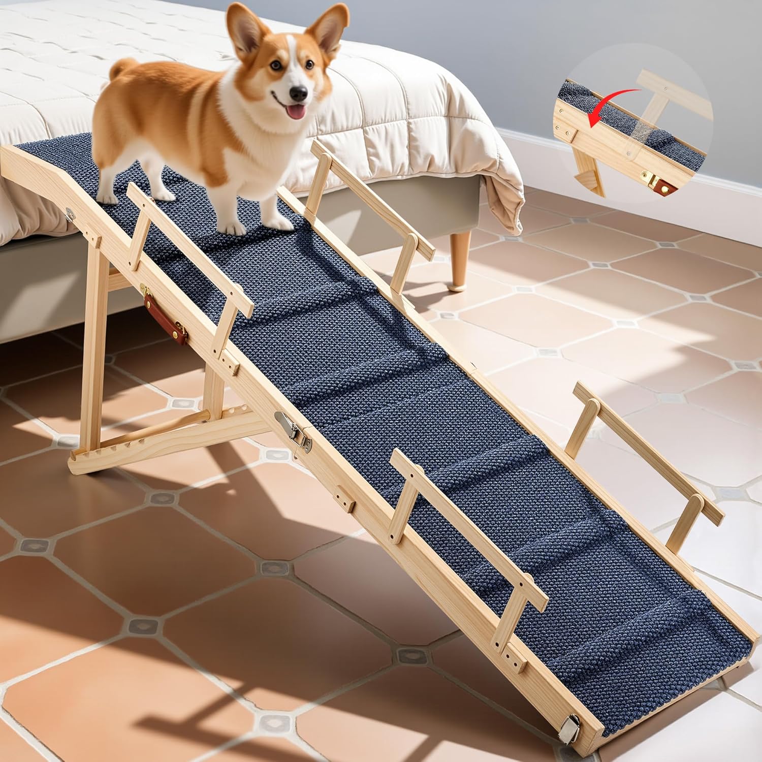 Dog Ramp for Bed with Rails, 64" Long Foldable Pet Ramp for Small Large Dogs, Dog Ramps for High Beds with Safety Side Railng, 6 Adjustable Heights 24" to 30" Up to 220LBS (Gray, 63" X 17inch)