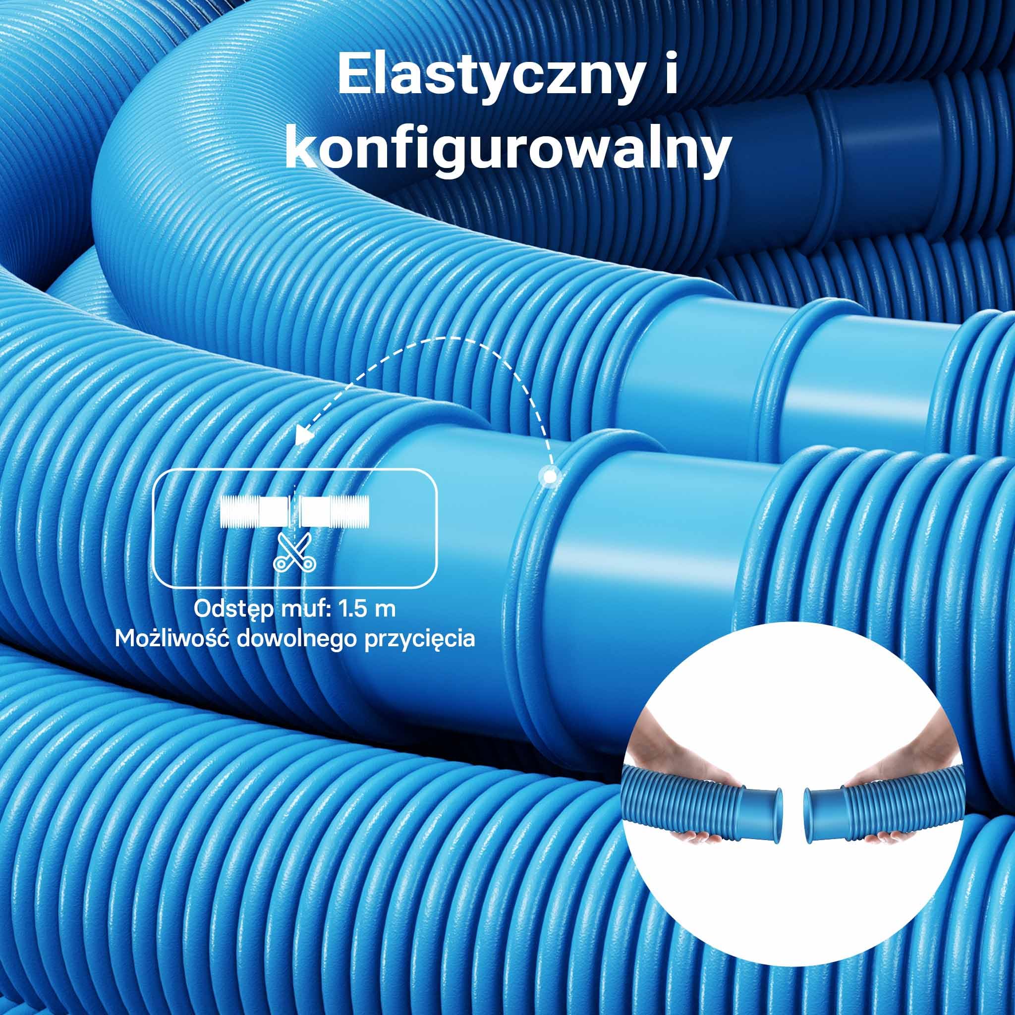 Wiltec Wąż do basenu o długości 15 m, Ø 38 mm niebieski wąż ssący do pompy basenowej z mufami, wąż solarny - Made in EU
