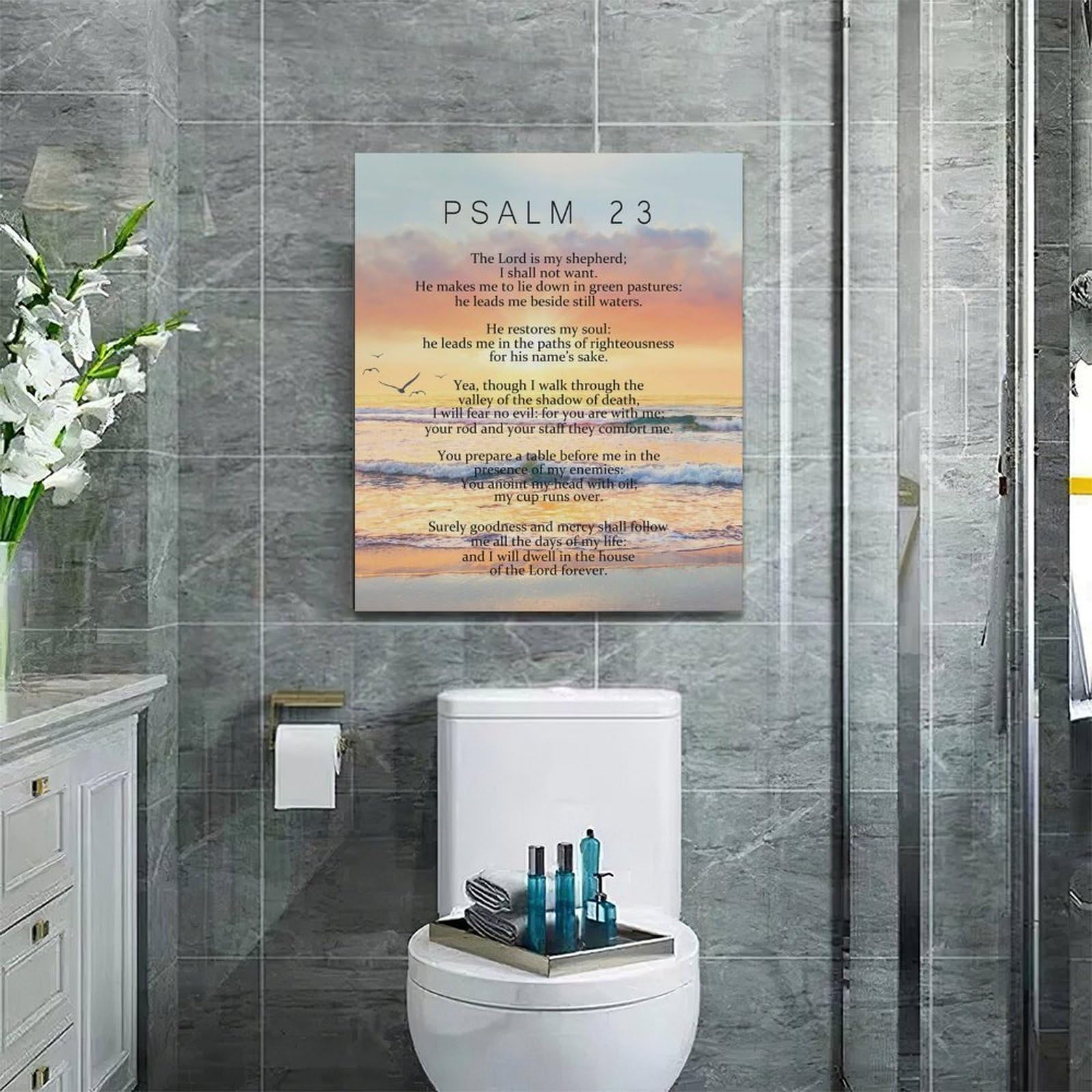 Salmo 23 - Arte de pared con versículos bíblicos, decoración de pared, Escrituras cristianas, Salmos, impresiones en lienzo, pintura religiosa, puesta de sol enmarcada, obra de arte para baño,