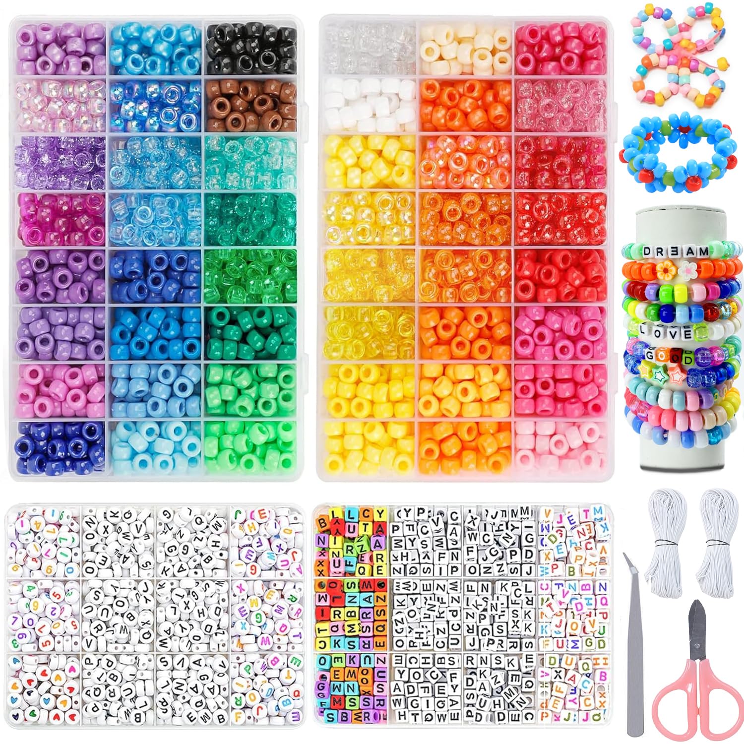 LYMOOR 4000pcs Pony Beads for Bracelet Making Kit, 48 Colors Kandi Beads, 2650pcs Candy Rainbow &1350 Letter Bead with 20 M Elastic Cord for Girls Jewelry Making