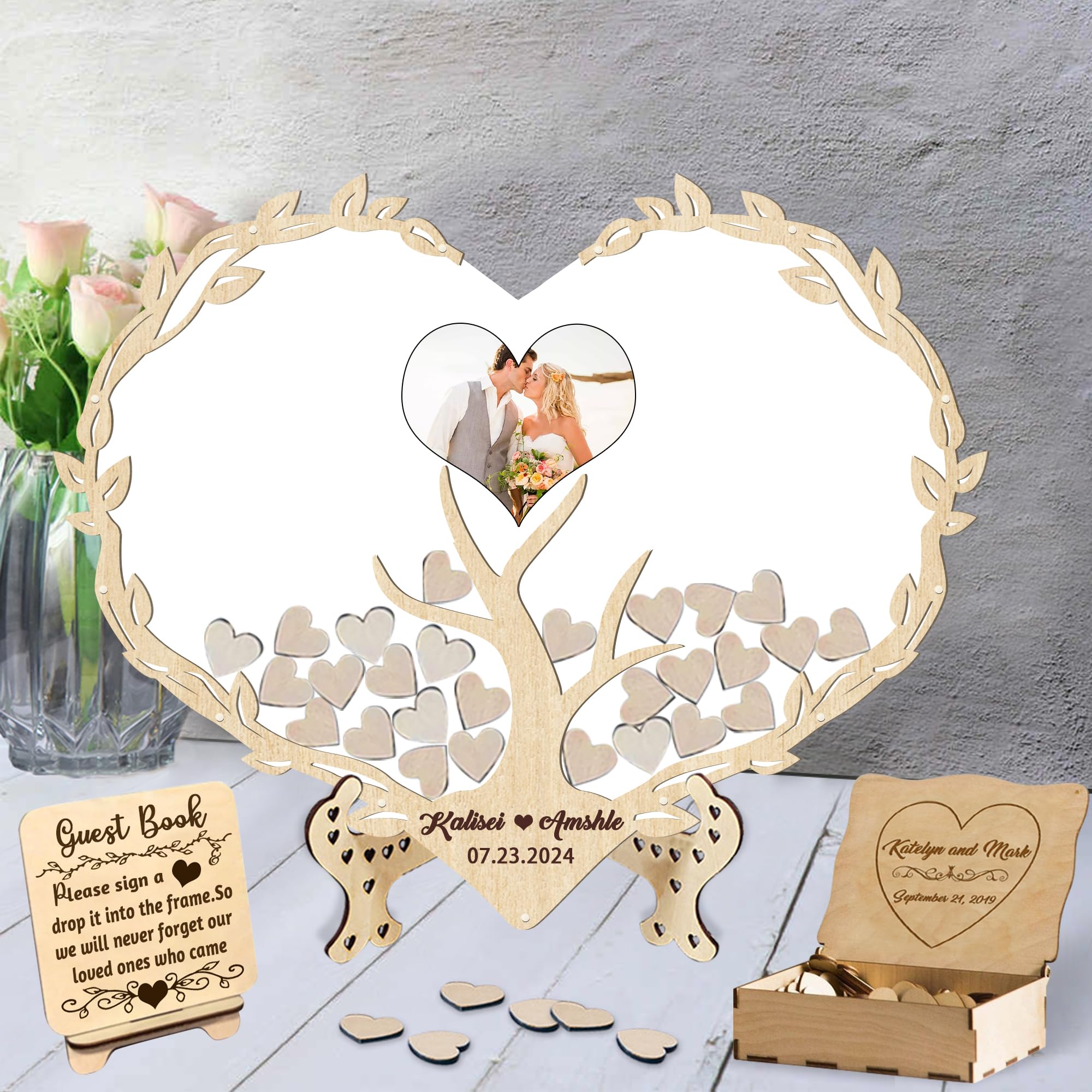 Personalizzato Libro degli Ospiti di Nozze,Costume Alternativa al Registro degli Ospiti Cartello con Nome Data e Cartello Cuori in Legno per Nozze Anniversario Compleanno Festa Baby Shower