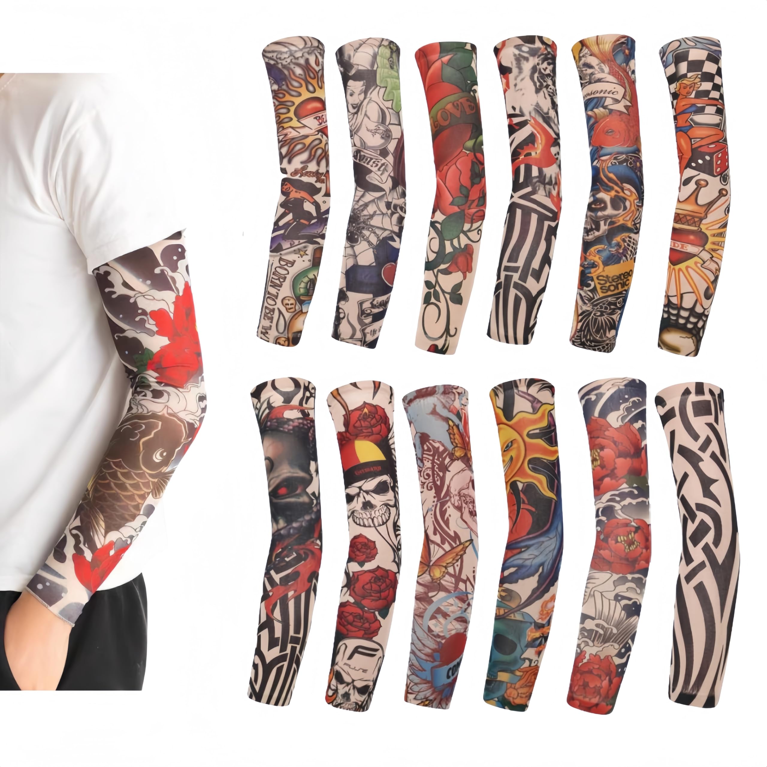 SDXCJY 12 Pieces Tattoos Sleeves Cover Art Arm Fake Tattoo Sleeves Cover For Men Women Nylon Sleeve Arm Stockings Elastic Biker Sleevelet Halloween Tattoo Hip Hop Sun Block Sleevelet (12 Pieces)