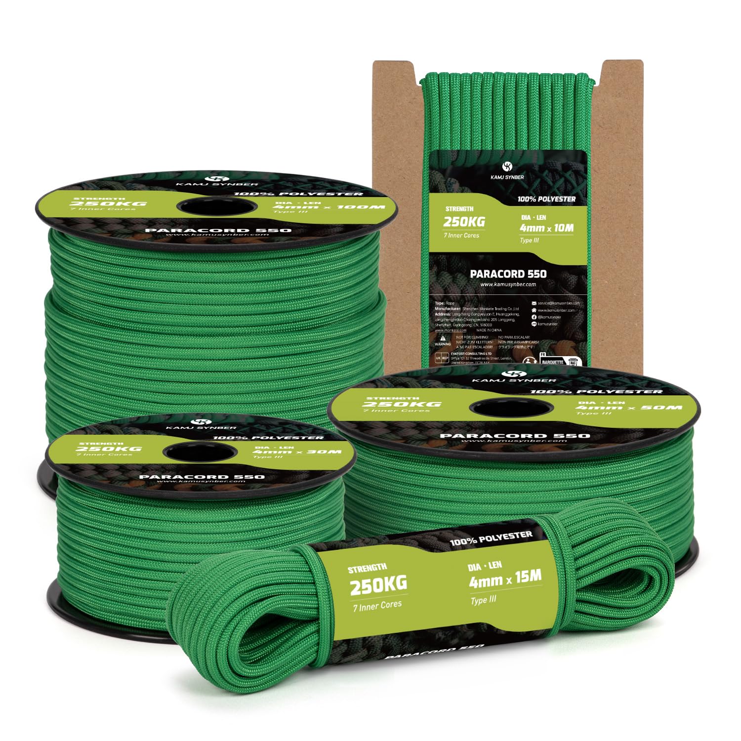 Kamu Synber Paracord 550 Type III 4mm 50m 7 Strands 100% Polyester Rope Parachute Cord Ideal for Crafting, Outdoor, Survival | Support 250kg | Jade Green