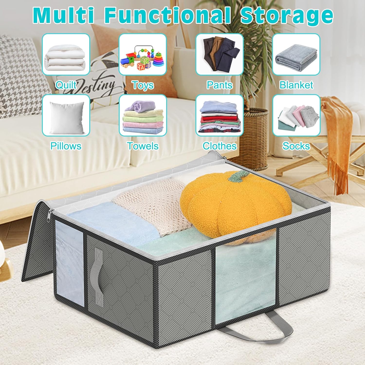 4Pack 105L Extra Large Blanket Storage Bags, Foldable Comforter Storage Bag for Bedding Pillow Sheet Clothes with Handles Zippers Clear Window Closet Organizers and Storages, Grey - Image 2