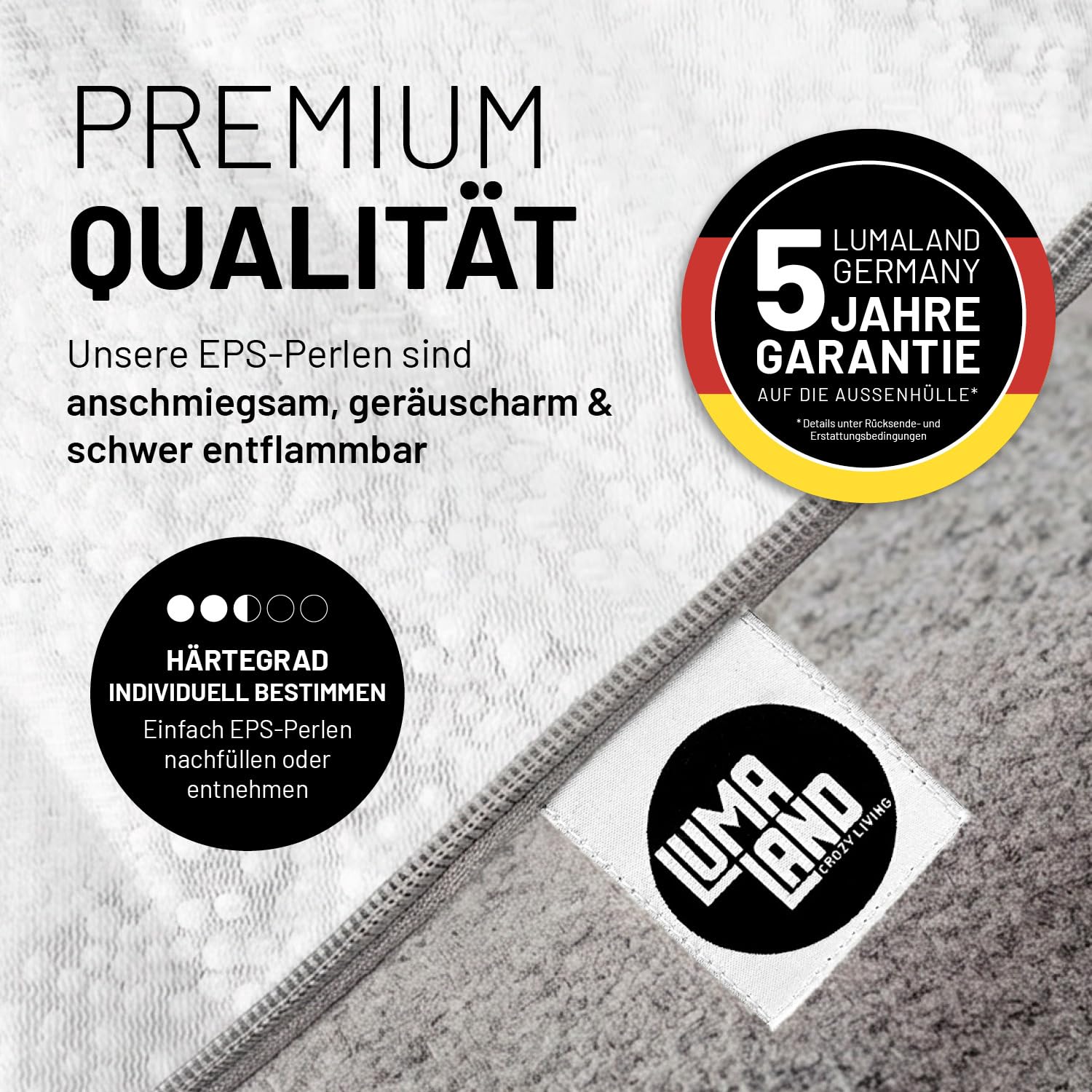 Lumaland Sitzsack Comfort Line | Indoor Beanbag 80x90x50cm mit mehr als 1,5 Mio. anpassbaren EPS-Perlen | Weiches & Komfortables Bodenkissen | Sessel für Kinder & Erwachsene | 185 L Volumen [Hellgrau]