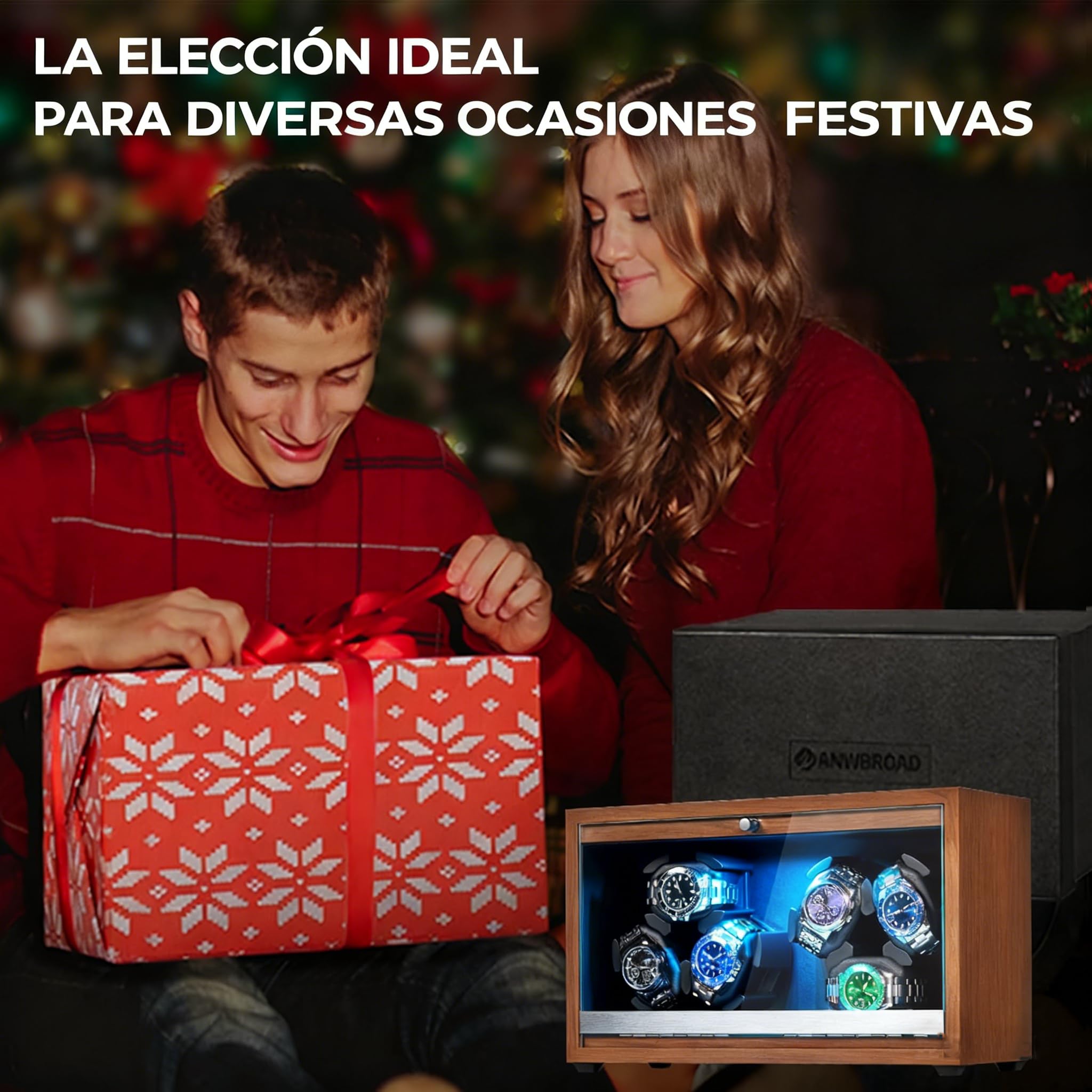 ANWBROAD Caja enrolladora de relojes Caja giratoria para 6 relojes con LED y Motor rotador Mabuchi supersilencioso 4 modos de rotación giratoria de regalo JWW003A