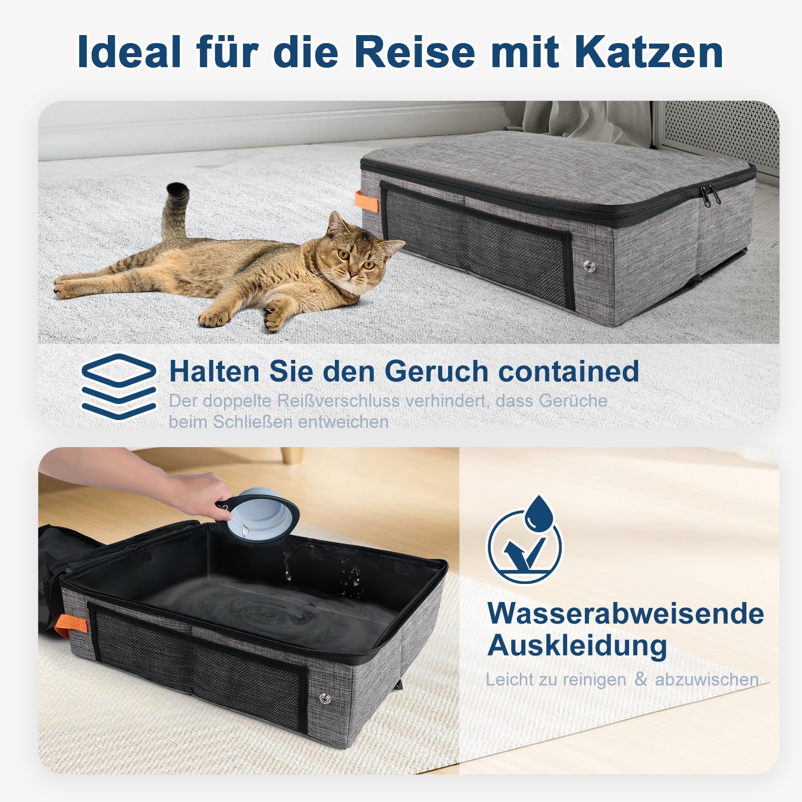 45 x 34,3 x 34,9 cm Reise Katzenklo für Unterwegs, Tragbare Katzentoilette, Einweg Katzentoilette mit Reißverschluss & Hartboden, Auslaufsicher & Wasserdicht Katzenklo Hoher Rand,Ideal für Reisen