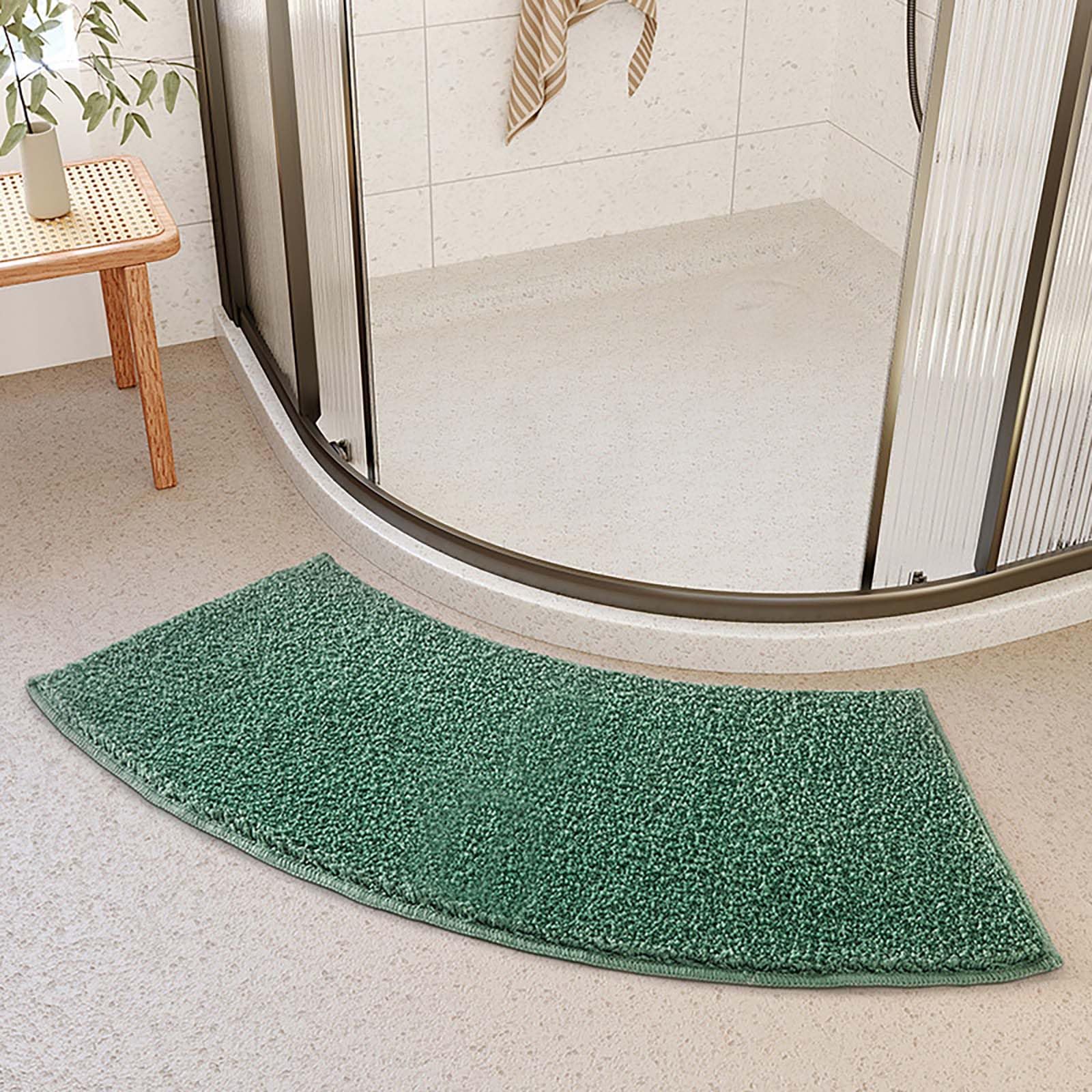 PRELGOSP Curved Bath Mat, Corner Shower Mats Microfiber and Soft, Absorbent Bathroom Anti Slip Mat,Green