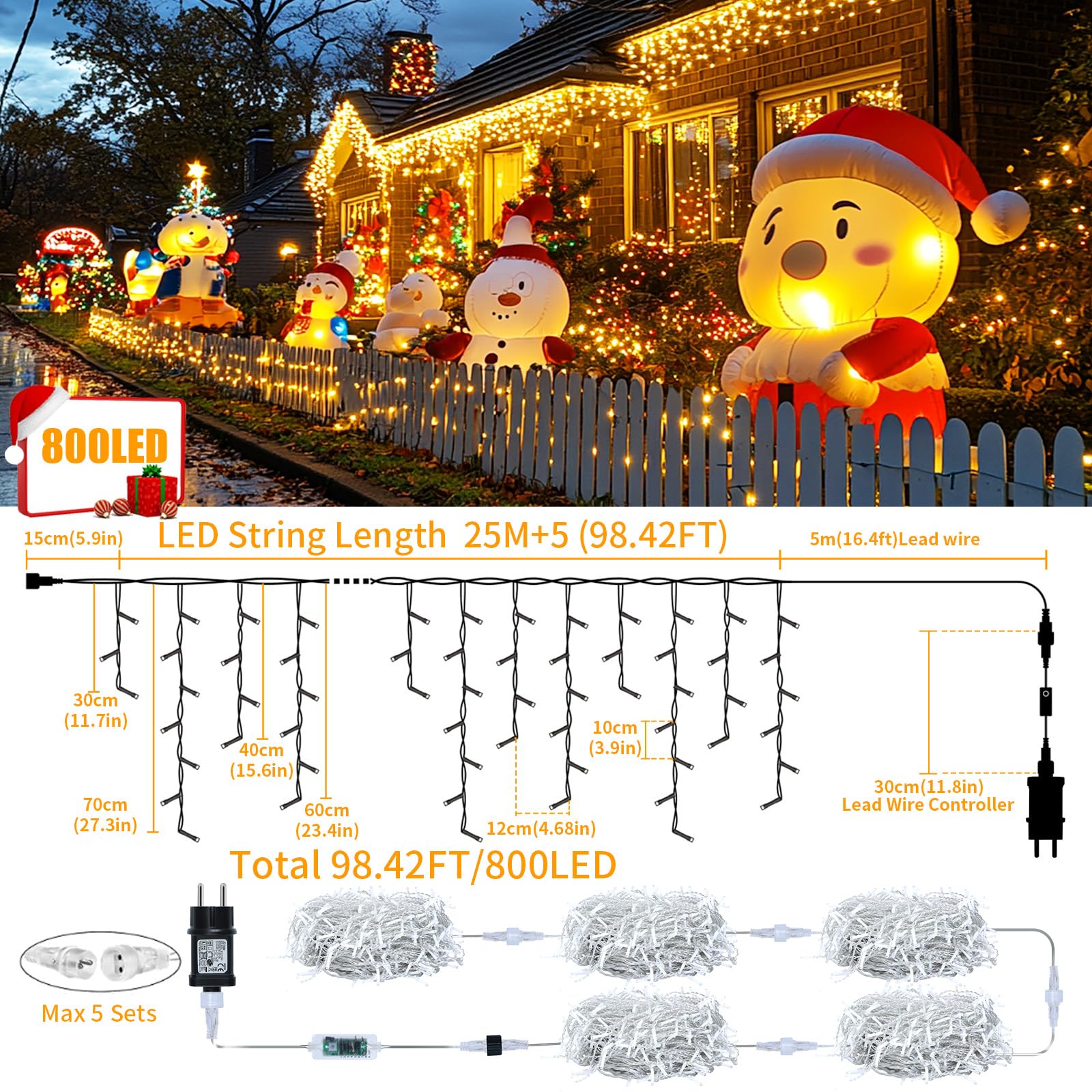 Erneuerbar Eisregen Lichterkette, 3 In 1 25+5M 800 LED Weihnachtslichterkette mit 8 Modi, Timer, Memory-Funktion Weihnachtsbeleuchtung Lichtervorhang für Innen Außen Weihnachten Warmes Weiß
