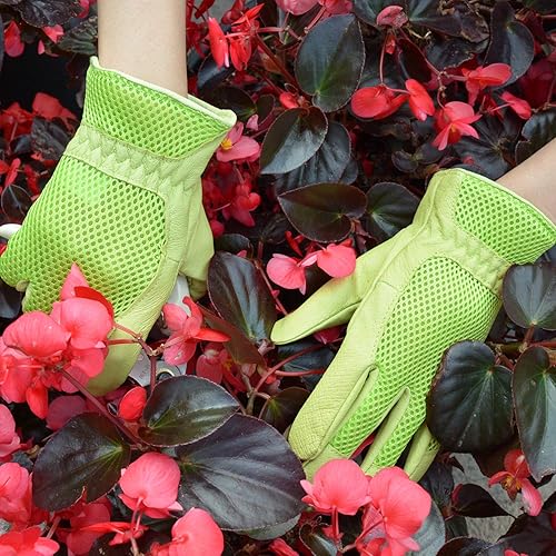 Miniatura 5 de HANDLANDY- Guantes de jardinería de piel para mujer, ajuste cómodo de malla 3D, mejora la destreza y la transpirabilidad, guantes de trabajo de