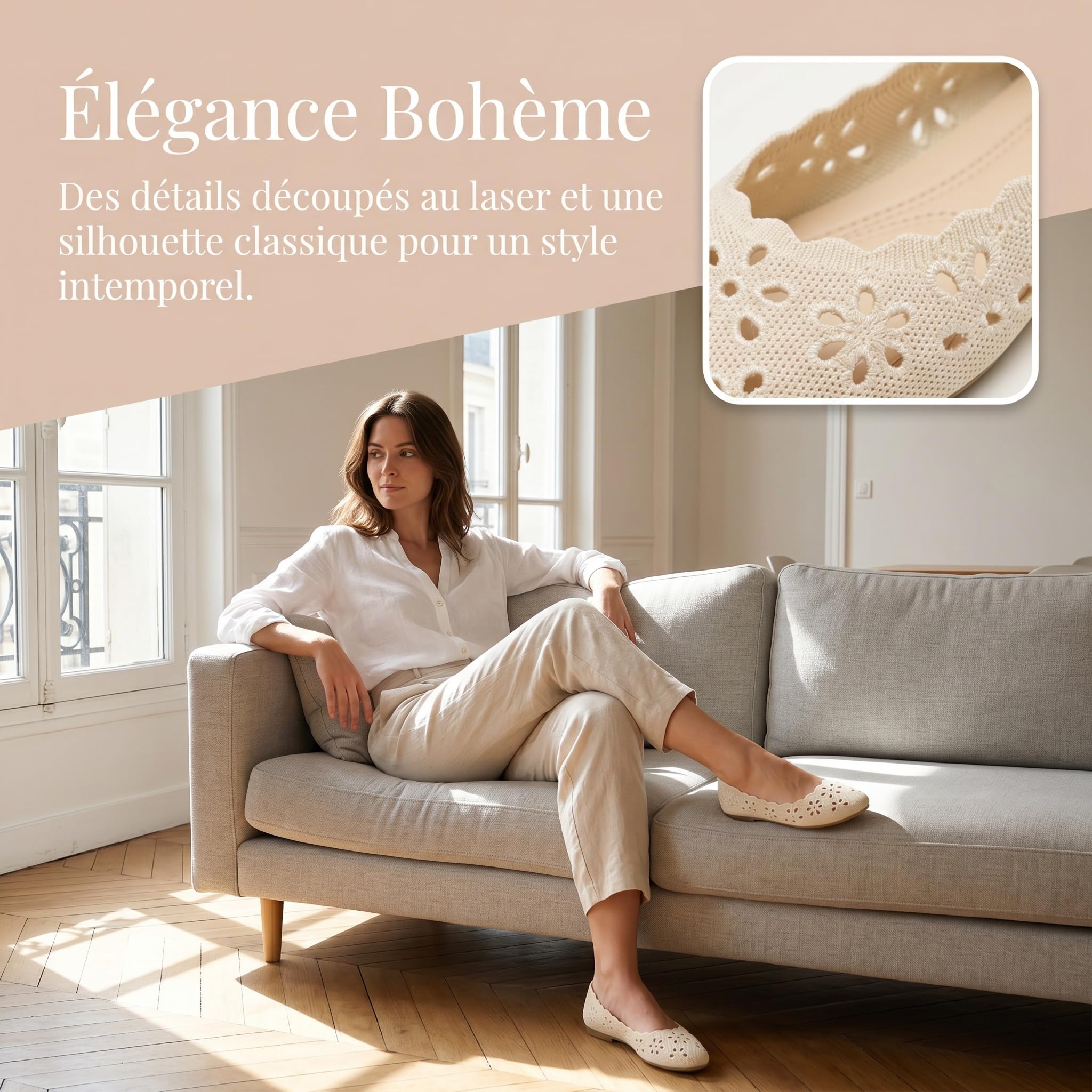 GLAMORA Ballerines Femme Dentelle Ajourée Bout Rond Chaussures Plates Tissu Respirant Semelle Souple Antidérapante Confort Léger Ballerine Femme Élégantes Été