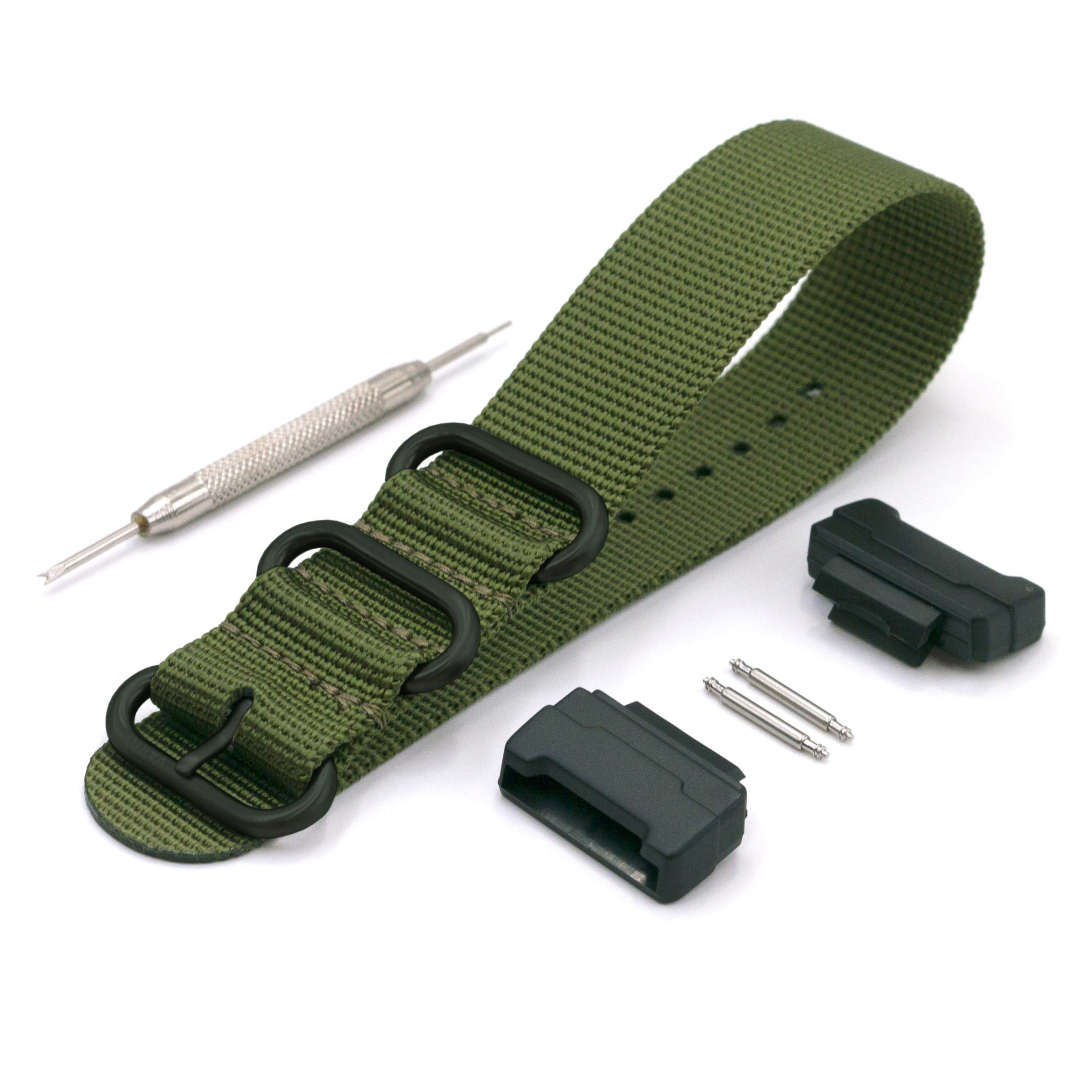 Compatible with Casio G-Shock Military Dive Ballistic Nylon Olive Green Premium Replacement Watch Band with Adapters and Spring Bar and Tool