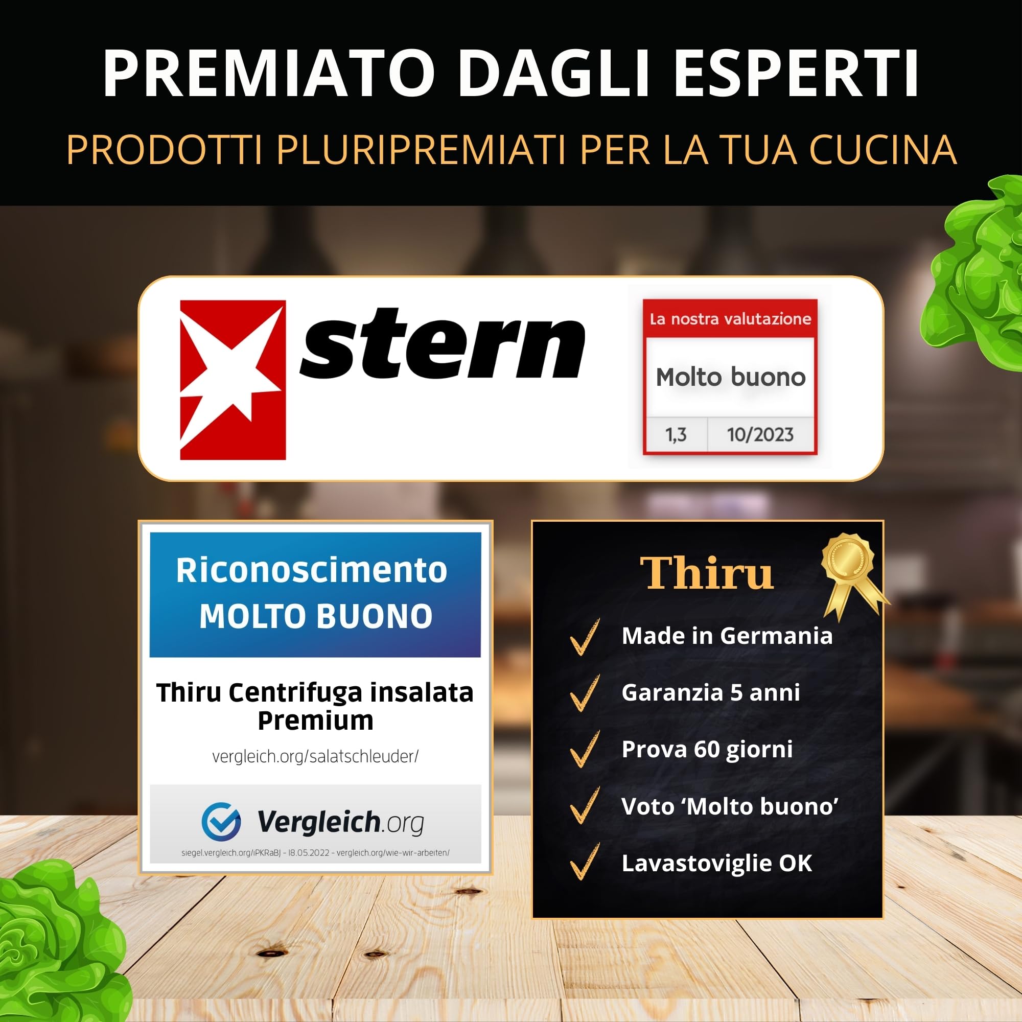 Centrifuga insalata Premium 5 L – 60 giorni di prova senza rischi – 2 in 1 antiscivolo: centrifuga & insalatiera – Ø 24,5 cm – senza BPA – lavastoviglie – per asciugare l’insalata – eBook incluso
