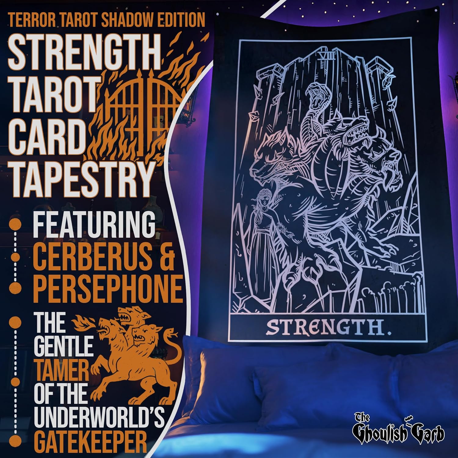 The Ghoulish Garb Strength Tarot Card Tapestry (Black & White) - Persephone & Cerberus - Greek Mythology Home Decor Wall Hanging (80" x 68")