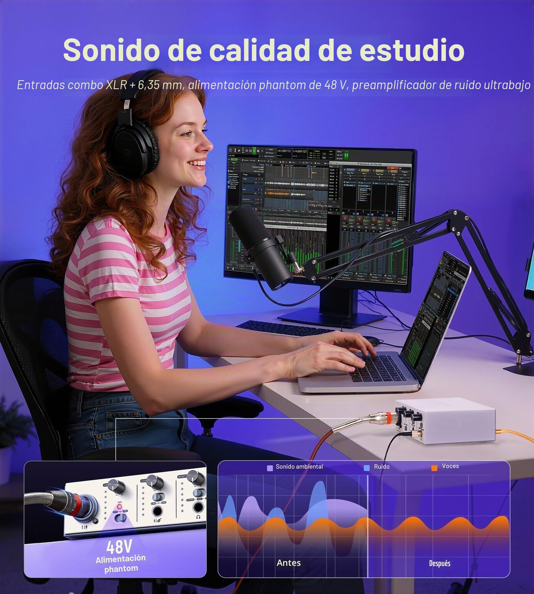 Synido Interfaz de audio USB C para grabación de música, streaming, podcasting con XLR, entrada de línea, 24 bits/48 kHz, alimentación fantasma de 48 V, 2 canales, color plateado