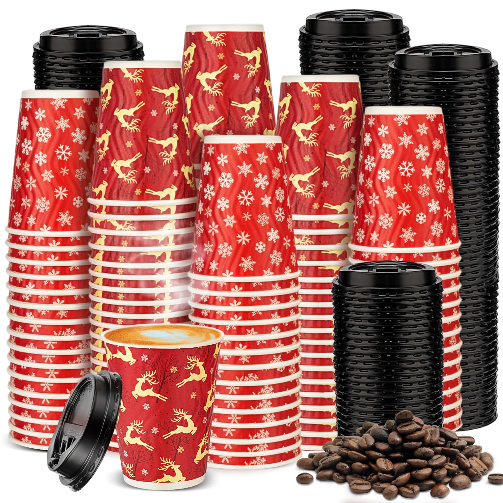 Maxcheck 100 bicchieri natalizi con coperchio, 350 ml, usa e getta, isolati, ondulati, per feste, cioccolato, decorazioni natalizie (stile alce e fiocco di neve)