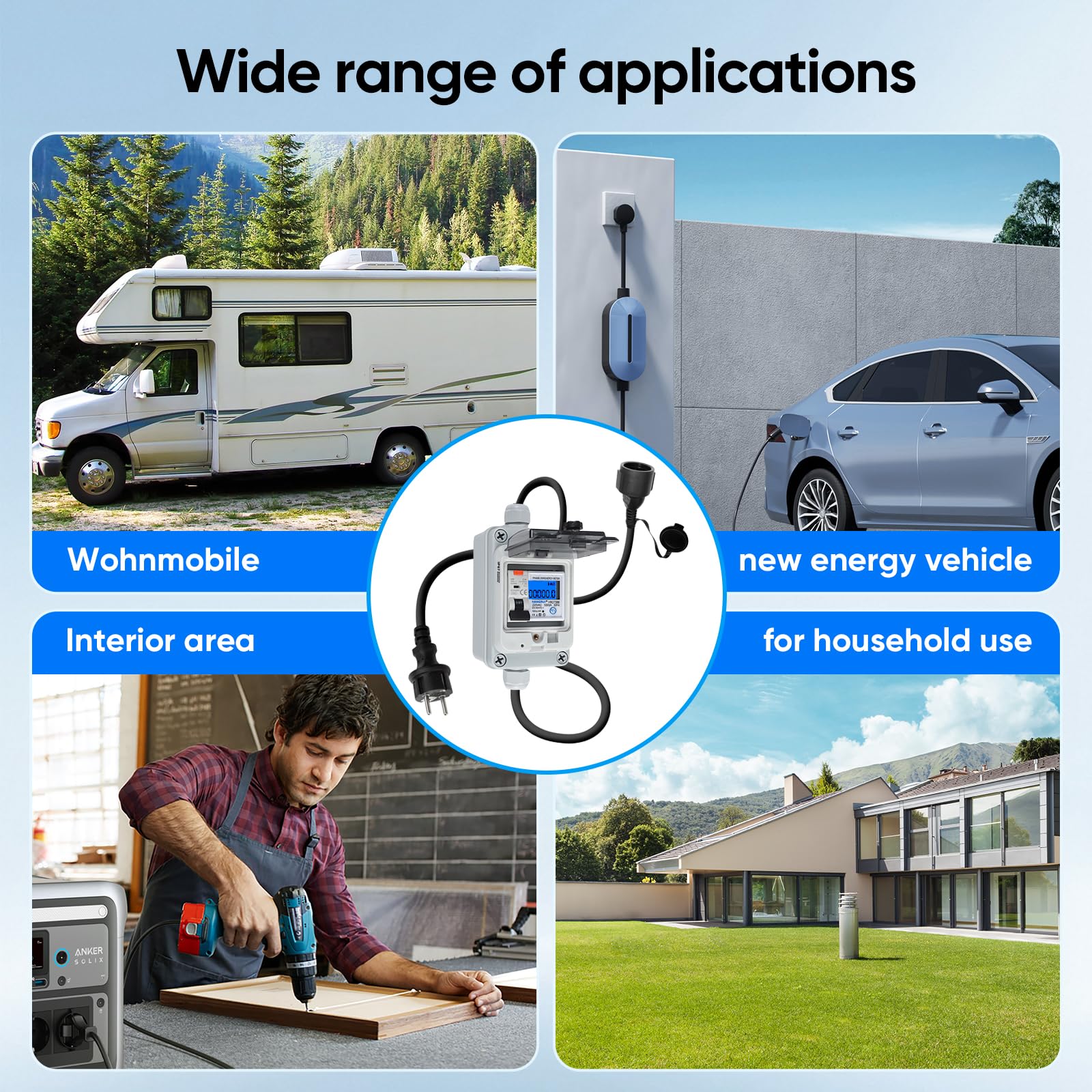 Mobiler Digitaler Stromzähler 230V 60A, Stromzähler für Steckdose mit Typ A fi ls Schutzschalter 16A und Schuko Stecker Ip65, Mobile Outdoor KWH Messgerät für Wohnmobile Elektrofahrzeuge