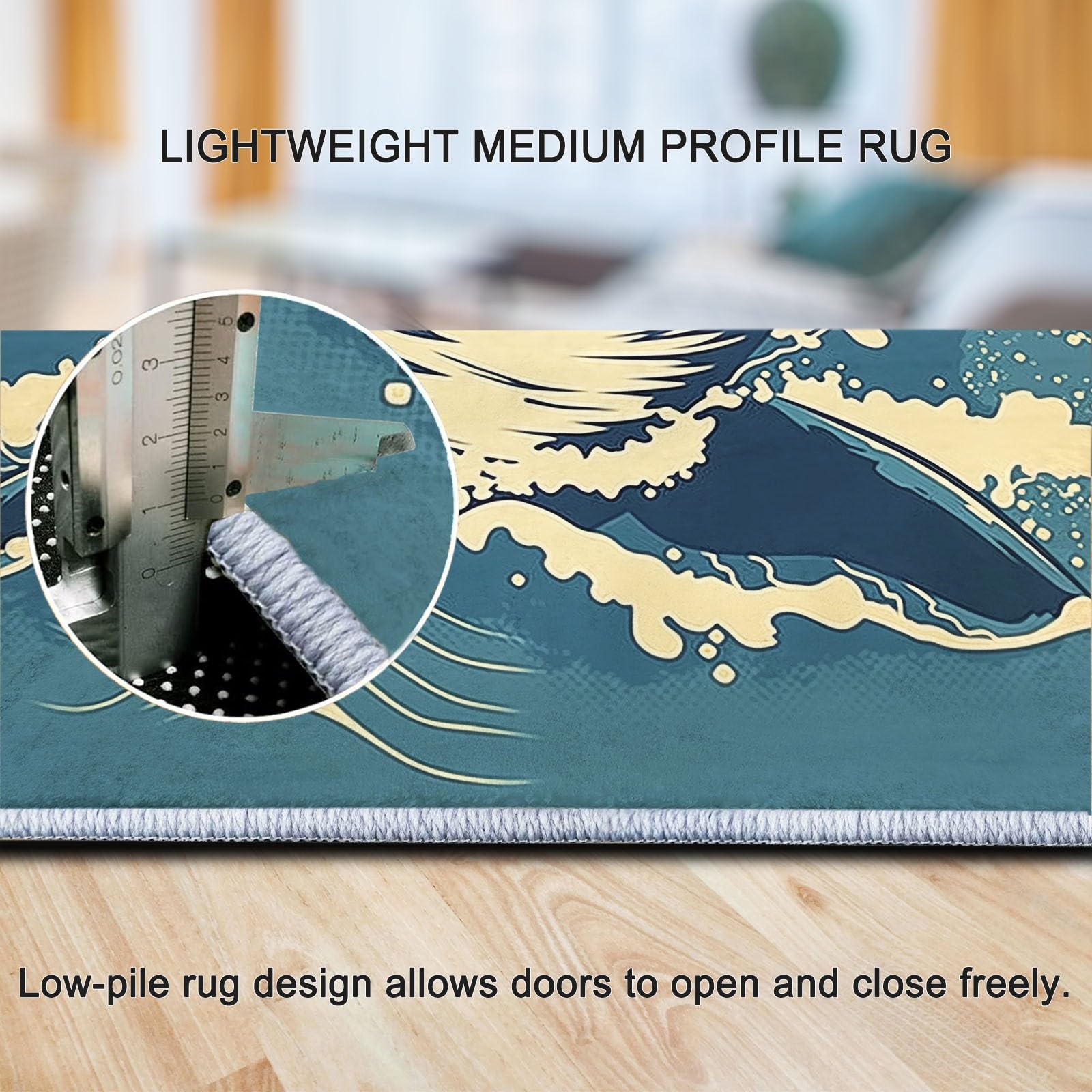 Générique Tapis de Salon Lavable en Machine 140 x 200 cm Doux à Poils Courts Moelleux Surf Vintage Tapis antidérapant, Requin Soleil Vague Style Rétro pour Le l'entrée, la Chambre et la Cuisine