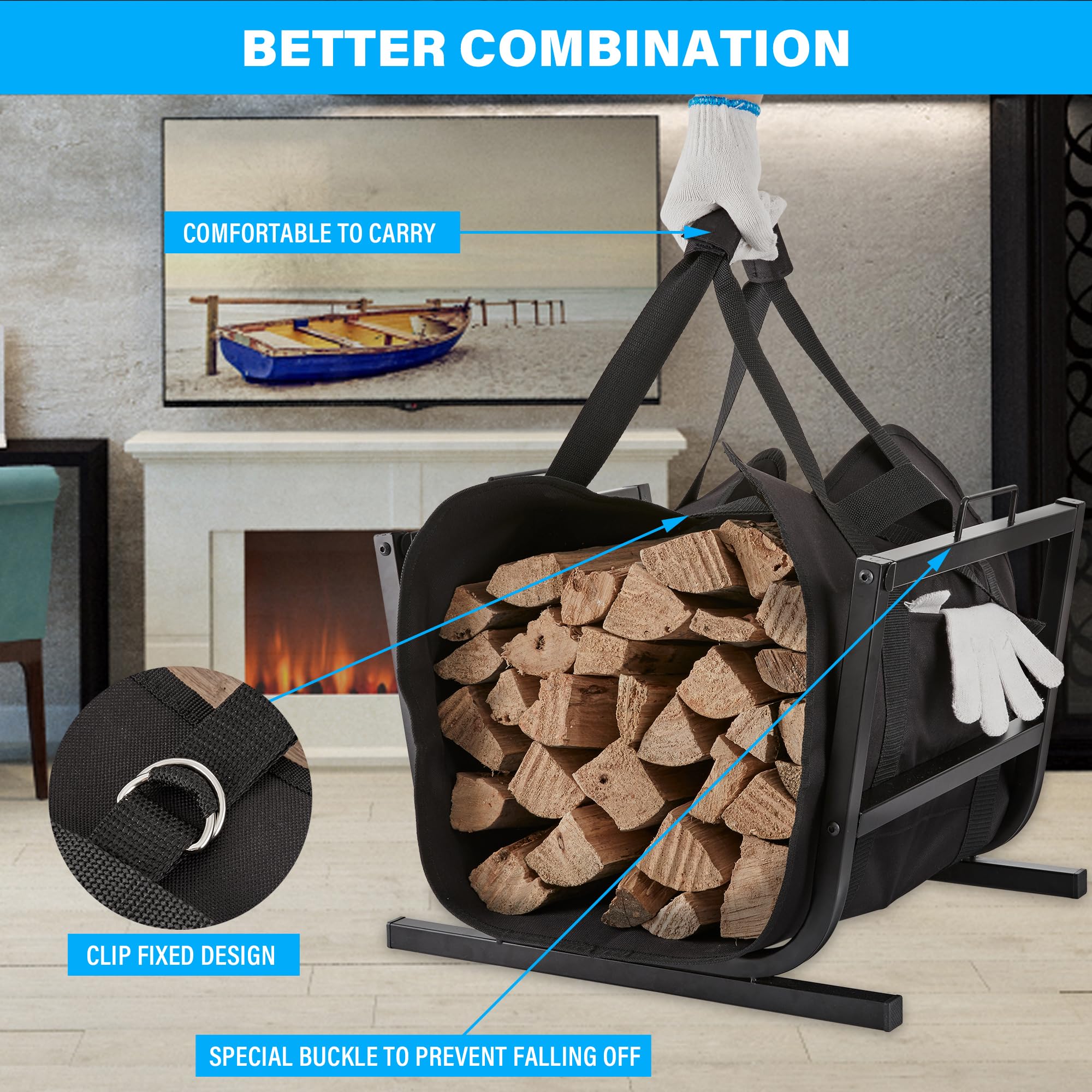 NBTORCH Indoor Firewood Rack Firewood Log Holder with Canvas Log Carrier Bag, Heavy Duty Iron Wood Storage Rack for Outdoor, Fireplace, Up-Loaded to 250lb (Black)