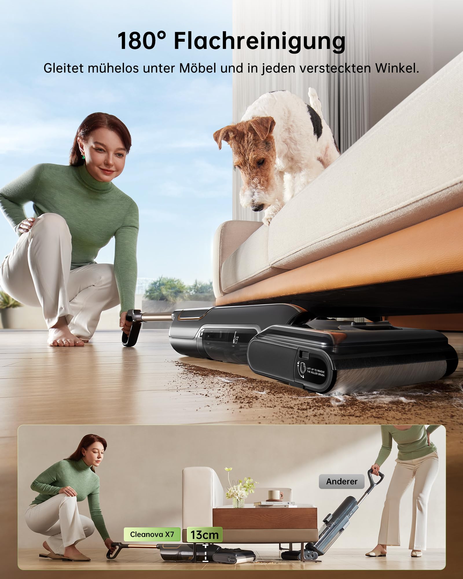Vexilar X7 Nass Trockensauger Akku, 20kPa Saugwischer mit 180° Flach-Design & Zwei-Tank-System, 40 Min Staubsauger mit Selbstreinigung, Nasssauger für Tierhaare