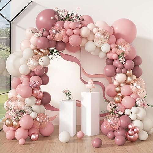 Amandir Kit de arco de guirnalda de globos color rosa polvoriento, 173 unidades, color rosa polvoriento, rosa, nude, 18 pulgadas, retro, color