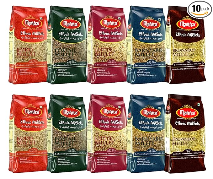 Manna Millets 5Kg Combo Pack of 10 (With Browntop) | Natural Grains Unpolished Millets | Siridhanya | Browntop 1kg, Little 1kg, Kodo 1kg, Foxtail 1kg, Barnyard 1kg | Low GI Native Rice | High Protein & More Fibre than Rice
