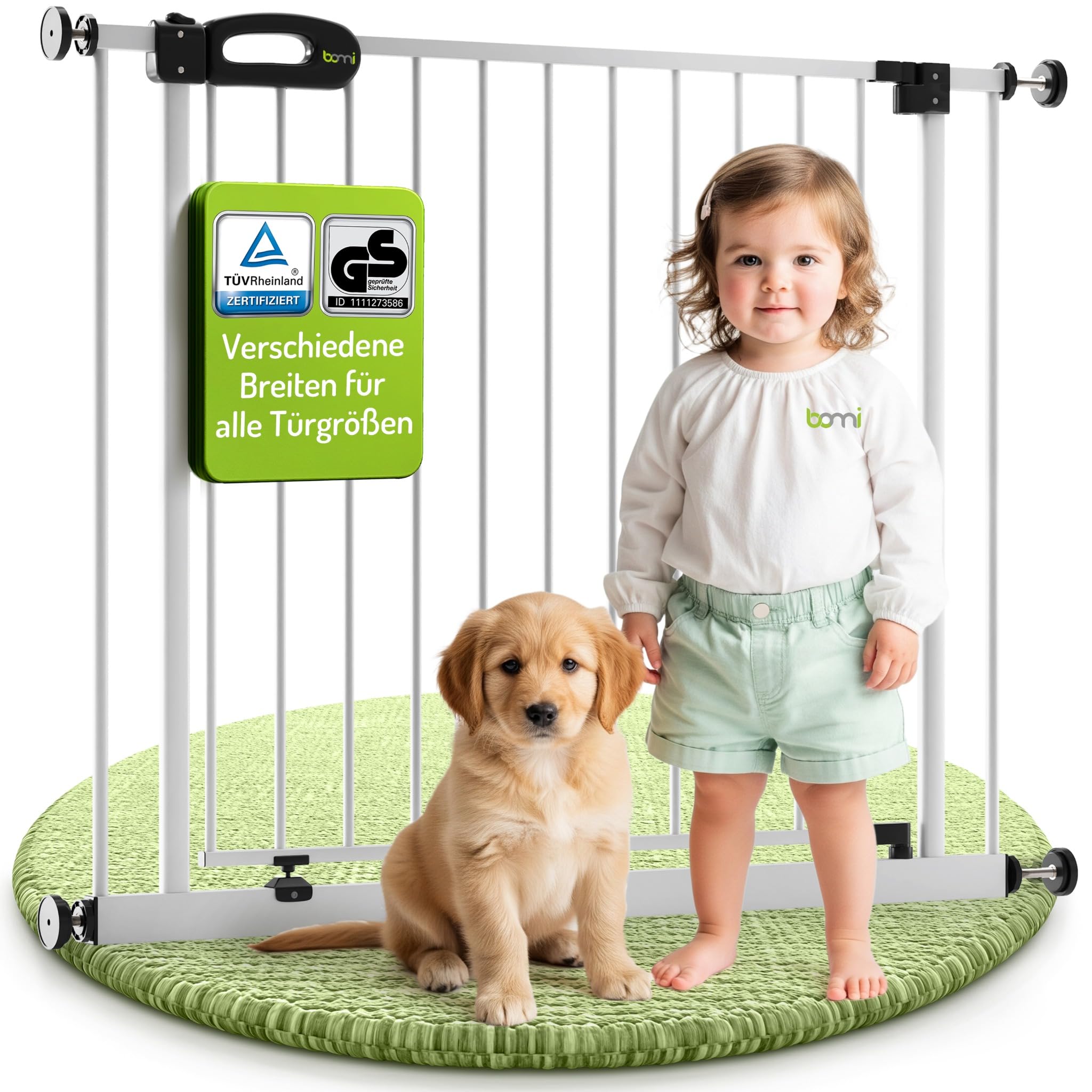 BOMI TÜV GS Siegel Baby Schutzgitter Treppe Merle | Ohne Bohren | 90 Stop | Schließt automatisch | Gittertür aus Metall Weiss | Stabile Baby Schutzgitter Tür für Kindersicherheit | Breite: 235-243 cm