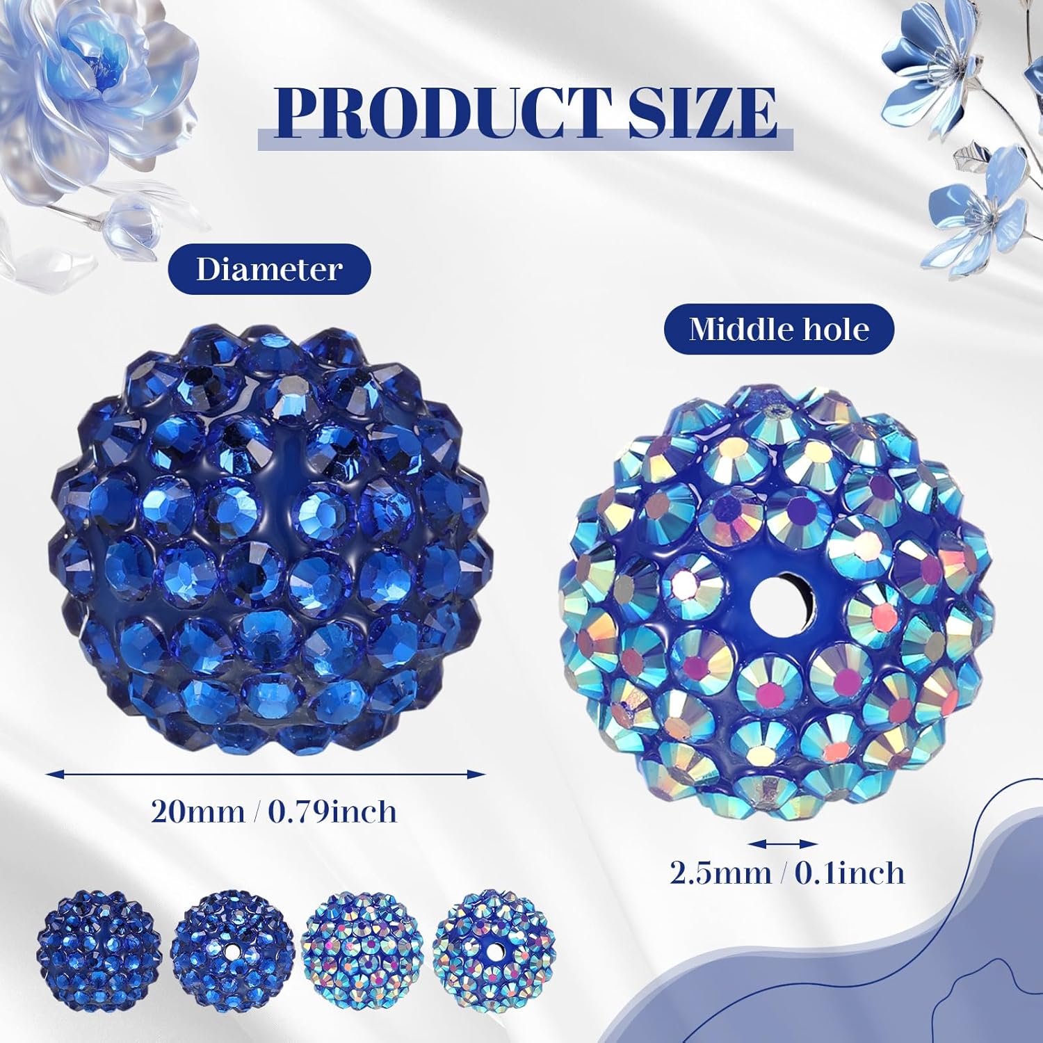 40 Pcs 20 mm Rhinestone Beads Bulk Crystal Round Disco Ball Chunky Bubblegum Beads for Pens Bracelets Charms Craft European Style Jewelry Making Supplies Christmas(Dark Blue) - Image 2