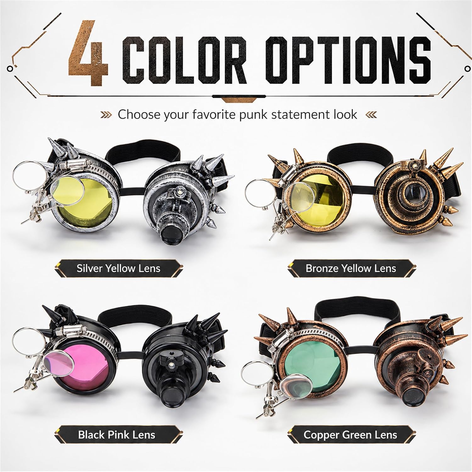 Lelinta Spiked Steampunk Goggles with Adjustable Straps | Detachable Lenses, Ideal for Cosplay, Costume Parties