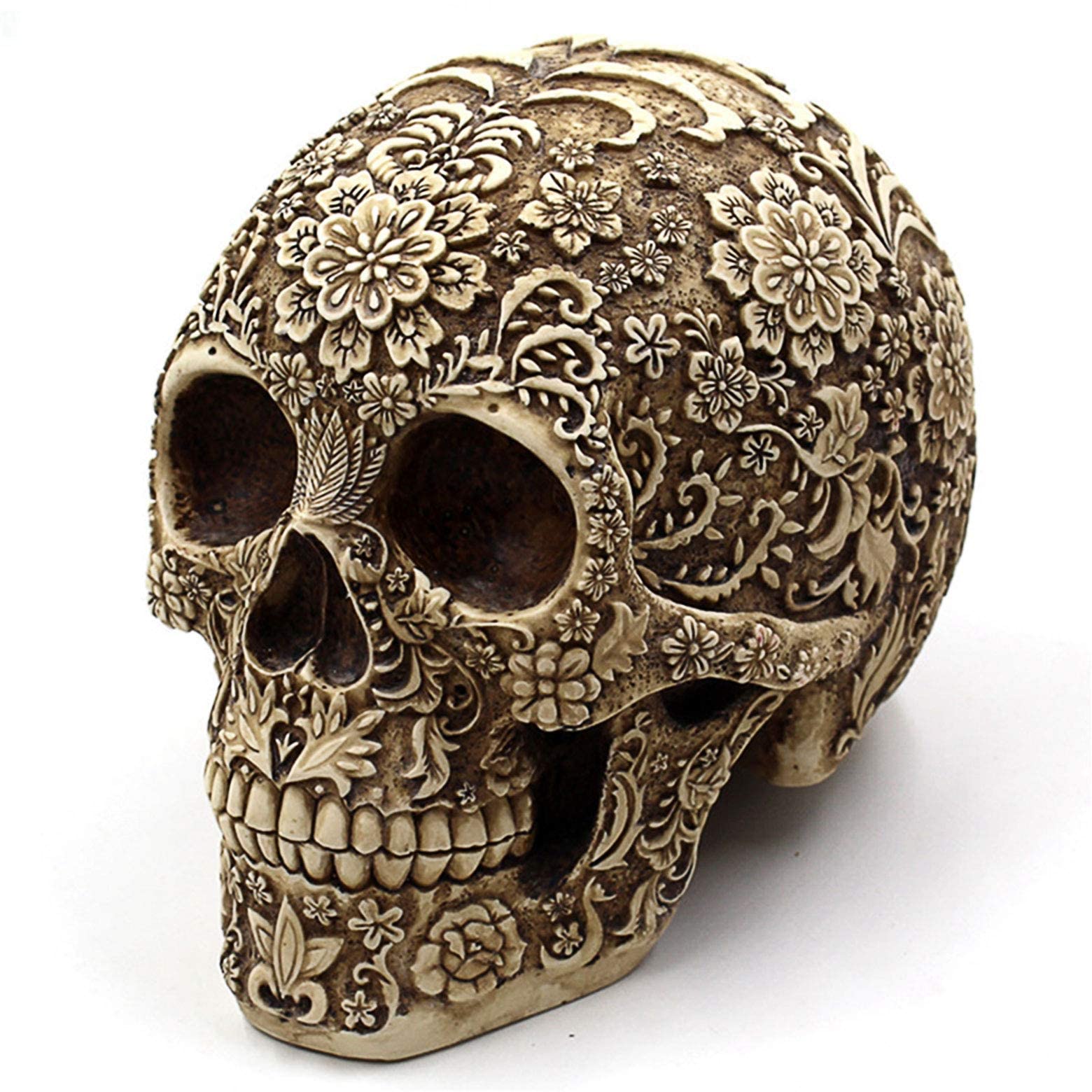 Wynameleri Kreative Totenkopf-Blumen-Skulptur 20,6 cm, menschlicher Kopf Skelett-Statue, Halloween Heimdekoration, kunstvolles Blumen-Totenkopf-Gesicht, realistisches Modell Skulptur Geschenke