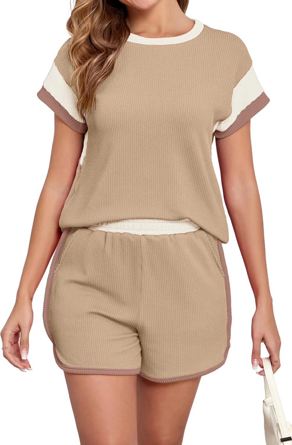 ONLYSTORY Womens Two 2 Piece Lounge Sets Texture Summer Casual Short Cap Sleeve Tops Matching Shorts Colorblock Outfits