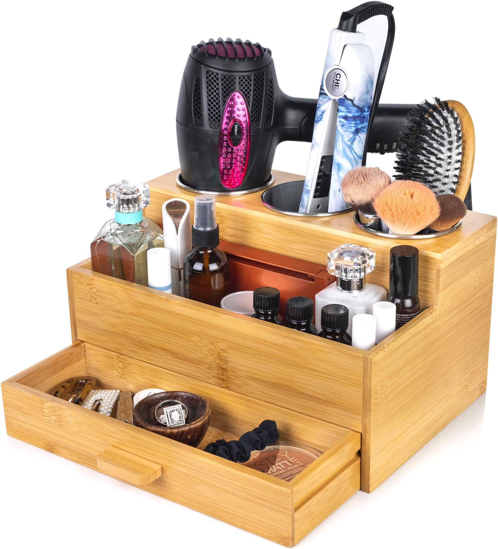 Bamboo makeup hair tools organizer - blow dryer Hot Tools Organizer for Bathroom countertop - Heat resistant Hair Dryer Caddy Storage Stand for flat curling iron skincare accessories & coffee station