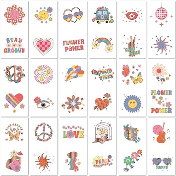PapaKit 36 Pc Retro Groovy Temporary Tattoo Set - 18 Individually Wrapped Sheets | Party Favors, Birthday Goodie Bag Fillers, School Rewards for Boys & Girls