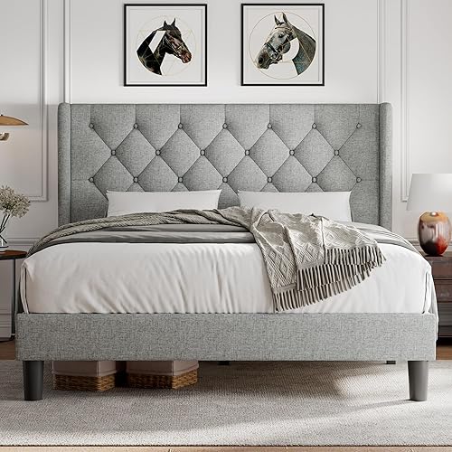 Miniatura 8 de iPormis Base de cama de plataforma de tamaño completo con cabecera capitoné con botones, marco de cama tapizado con listones de madera maciza, Gris