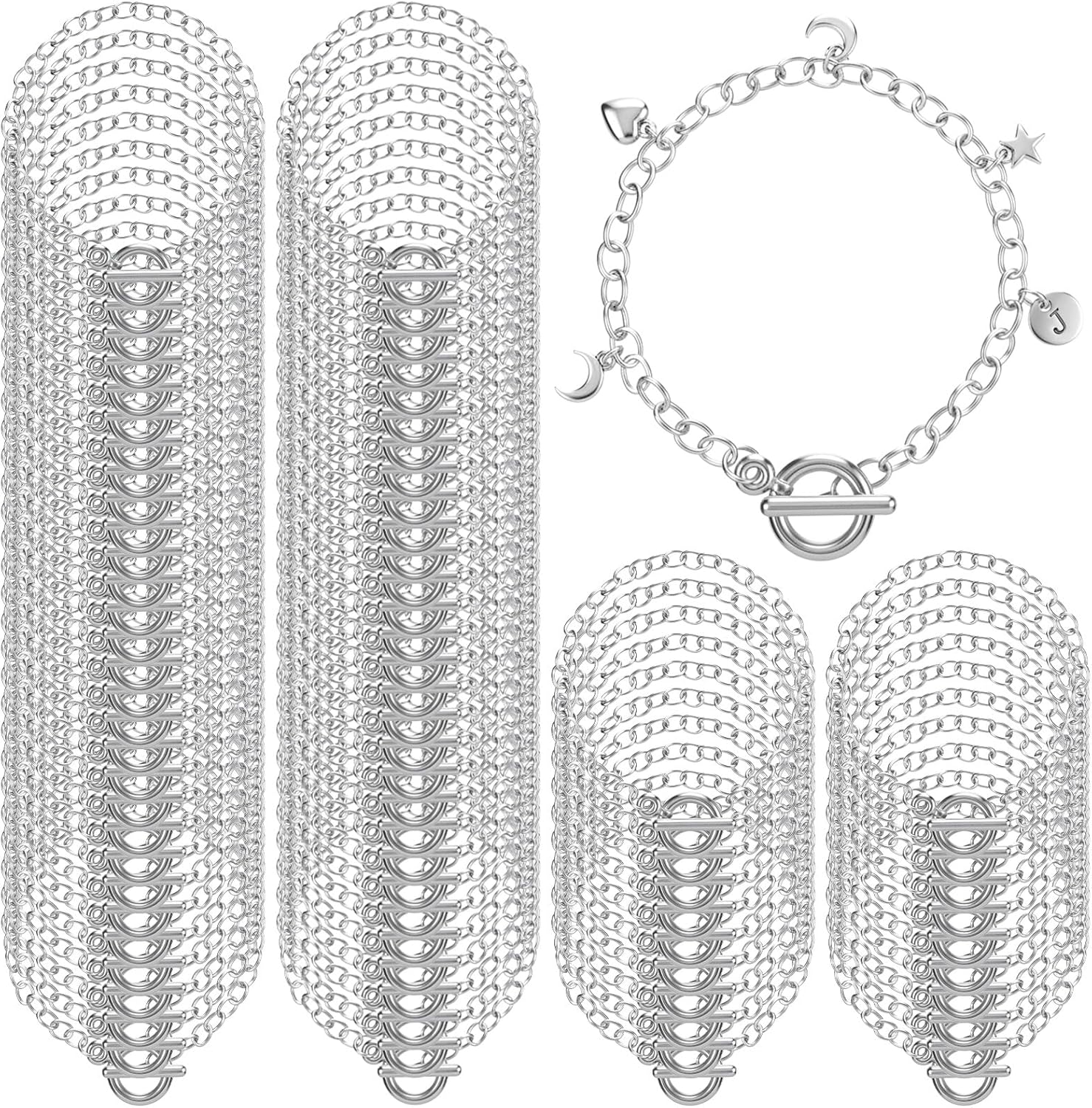 80 Pcs Silver Chain Bracelets Link with OT Toggle Clasps - Bulk Charm Bracelets for Women, Alloy Minimalist Jewelry Making Supplies for DIY Craft Projects and Gift Giving