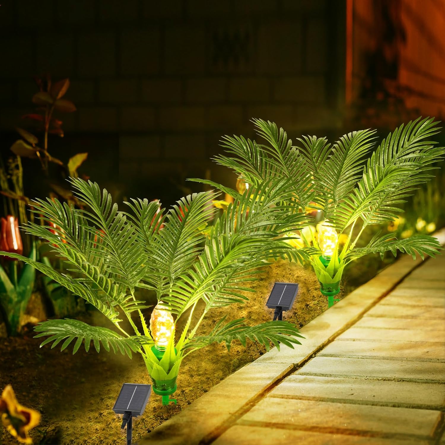 2 Pack Artificial Plants Outdoor with Solar Light 25" Prelit Christmas Tree with Spike Pathway Light with 8 Lighting Modes for Xmas Decoration Yard Patio Garden Walkway Sidewalks Landscape- Palm Tree