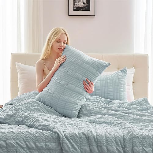 Miniatura 4 de Auemtyn Funda de edredón tamaño individual, funda de edredón suave azul cepillado con cierre de cremallera, ropa de cama bohemia de 2 piezas para