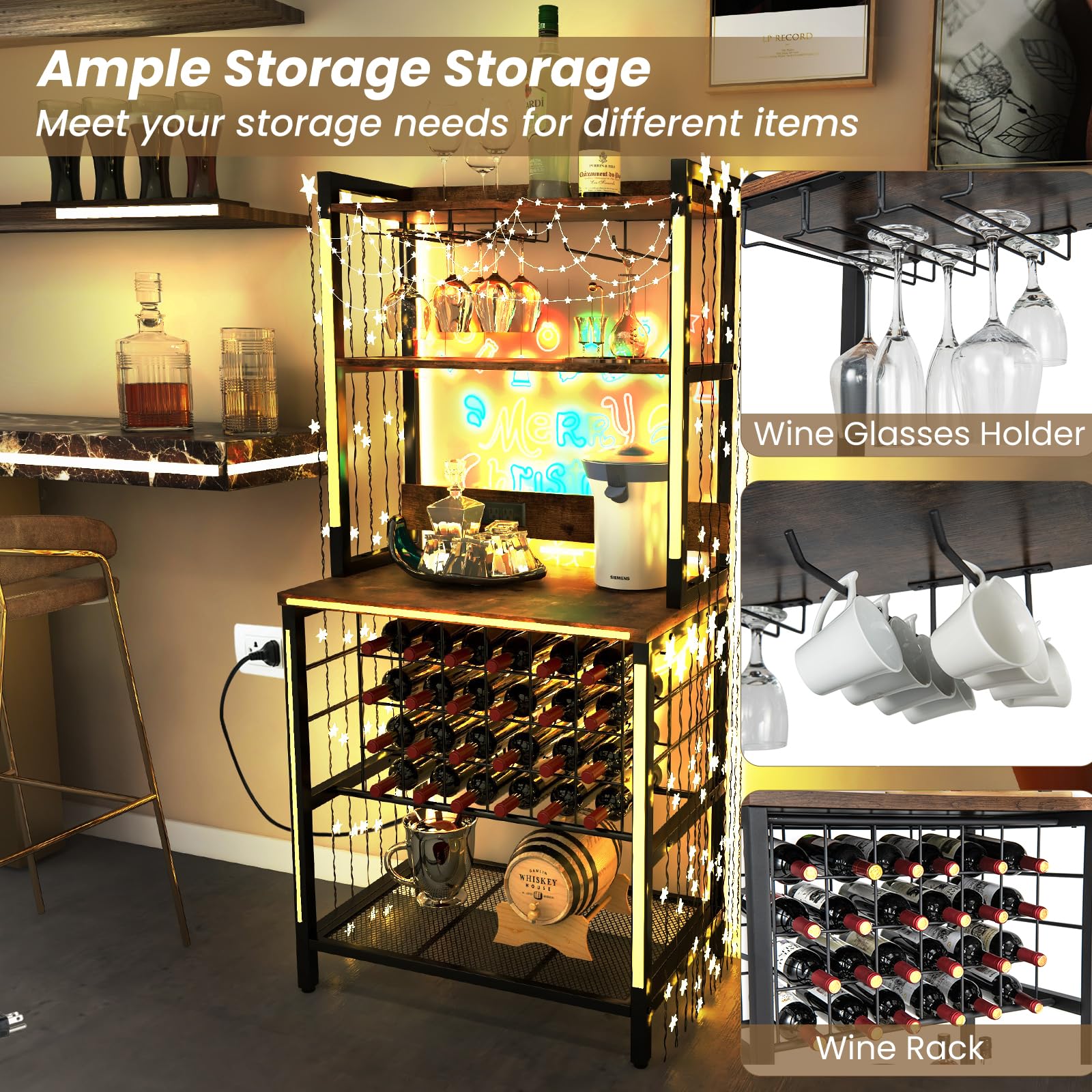 KOMFOTTEU Scaffale per vino con prese e USB per 24 bottiglie e tazze, mensola da cucina a 5 Ripiani con piano di lavoro, scaffale multiuso per più dispositivi, portabottiglie per vino 76 x 48 x 163 cm