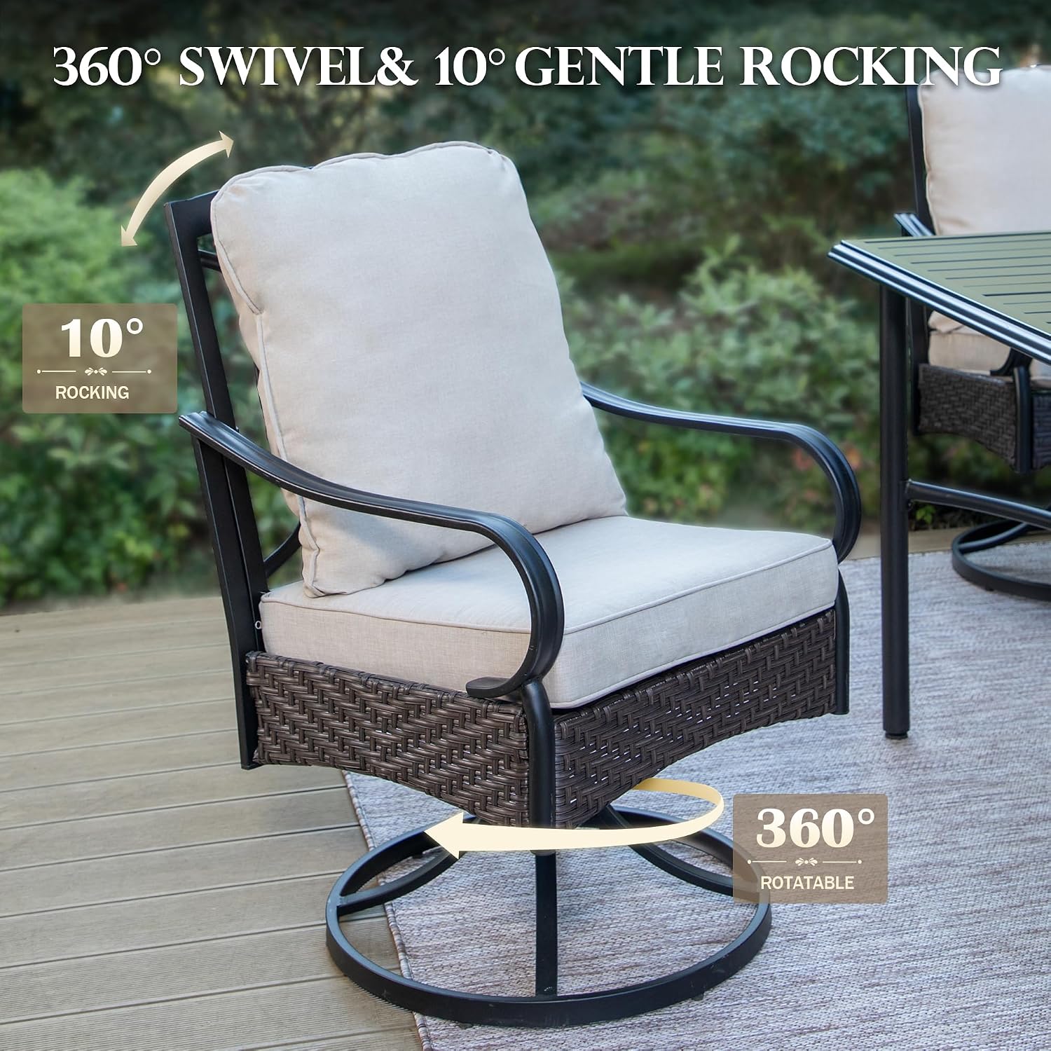 HERA'S HOUSE 7 PCS Patio Dining Set, 6 x Swivel Dining Chairs with Removable Cushions, 1 x 67 Rectangular Metal Table with 1.57" Umbrella Hole, Patio Furniture Set for Lawn Garden Porch Deck