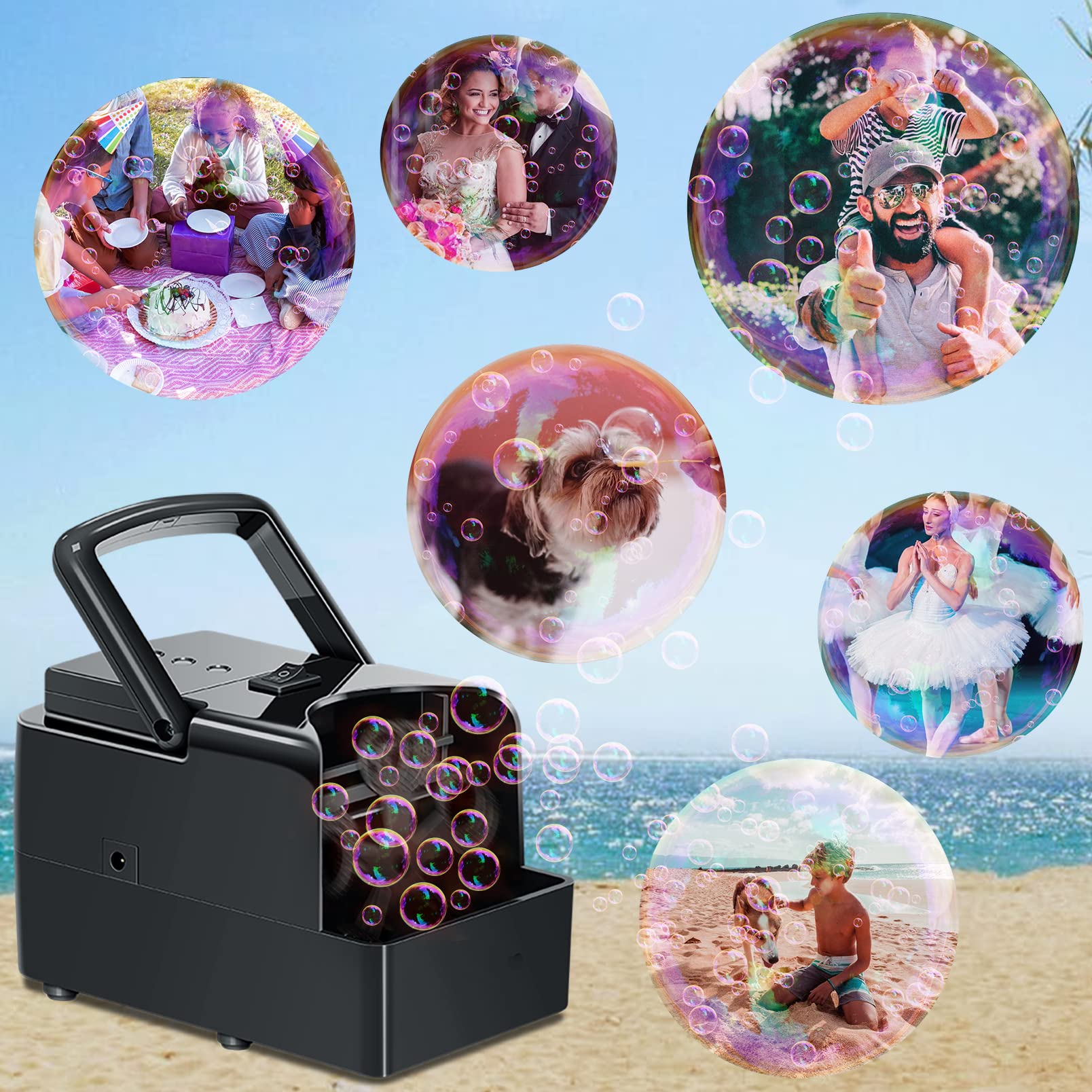 Machine à bulles, souffleur de bulles automatique, créateur de bulles portable, prend en charge plus de modes d'alimentation (Plug-in/Piles/Power Bank) et deux niveaux de vitesse