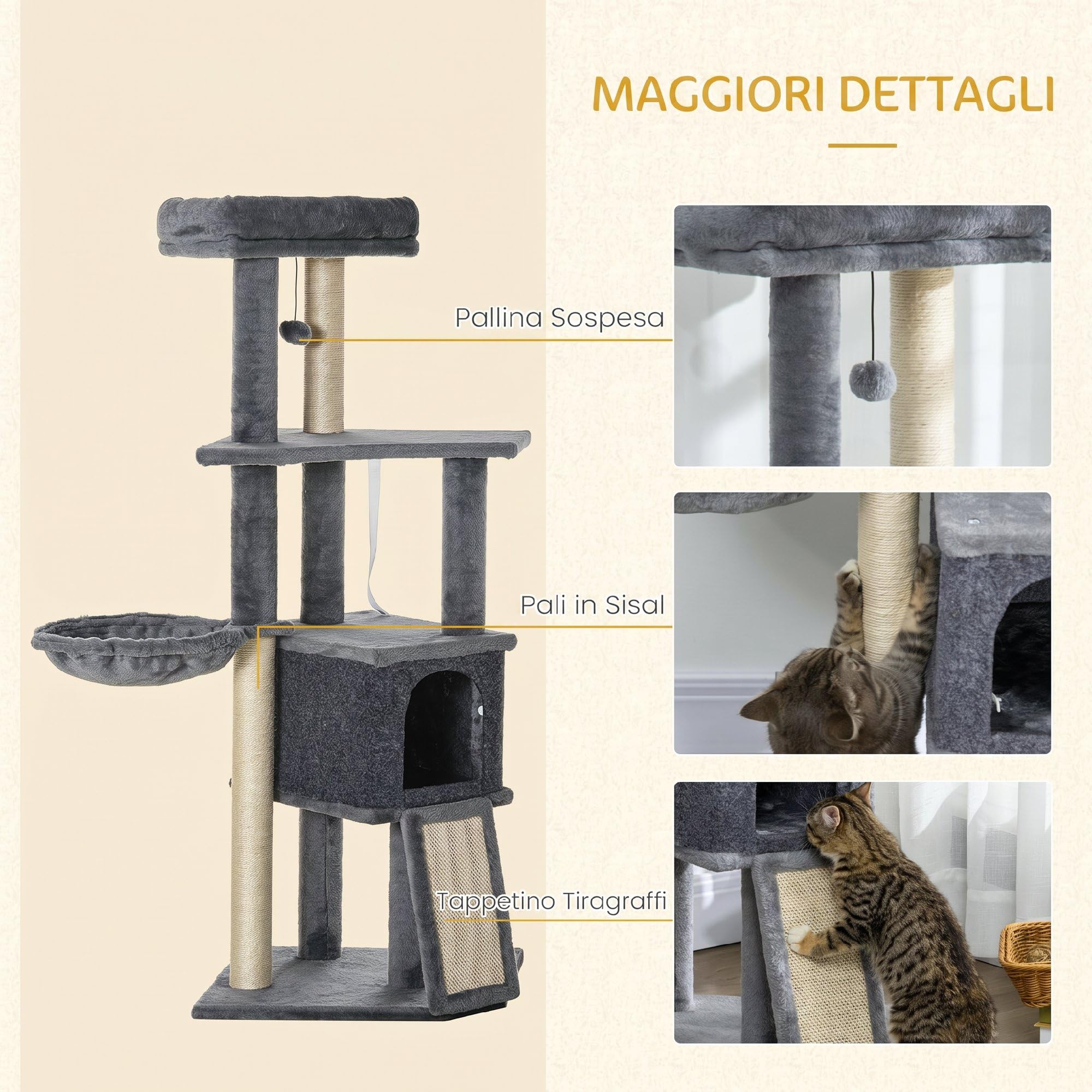 PawHut Albero Tiragraffi per Gatti Multilivello Alto 127 cm, Grigio